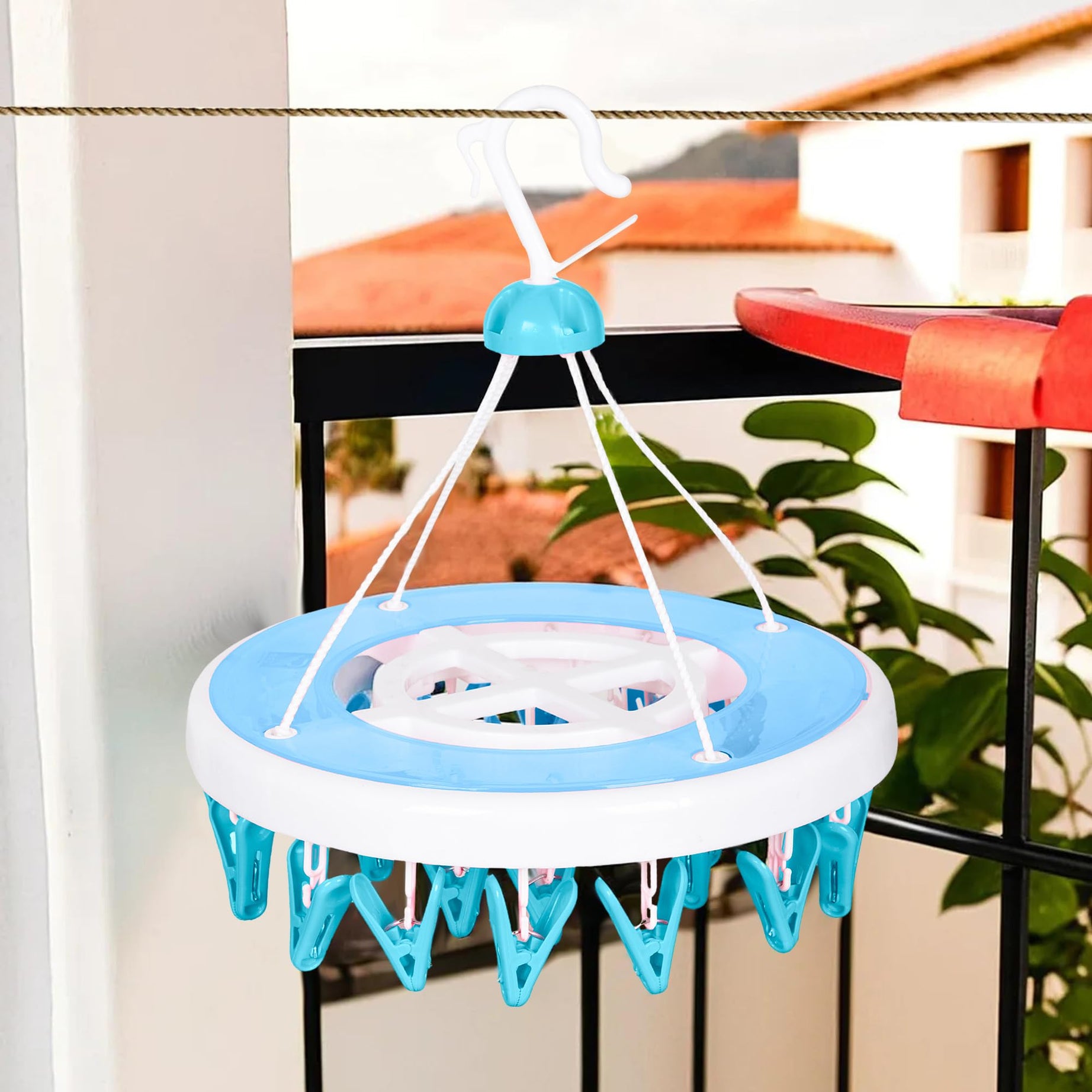 Kuber Industries Cloth Drying Hanger | 24 Clips Cloth Hanger | Cloth Drying Stand | Baby Cloth Drying Pegs | Clothes Hanger Pegs | Round Cloth Drying Clips | Transparent Blue