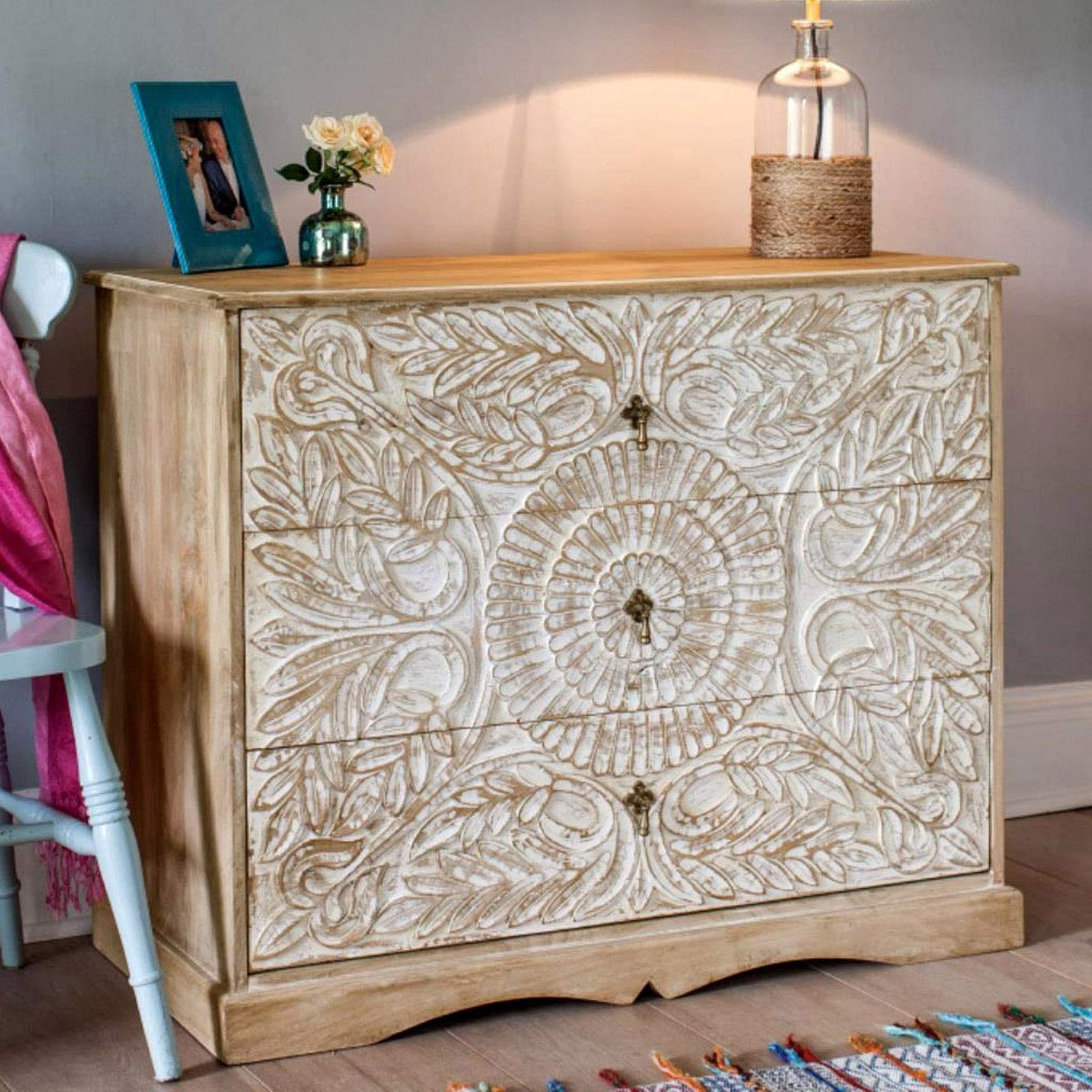 The Attic Jodhpur Drawer Chest|Kitchen and Living Room Storage|Solid Wood|Natural + White Matte Finish