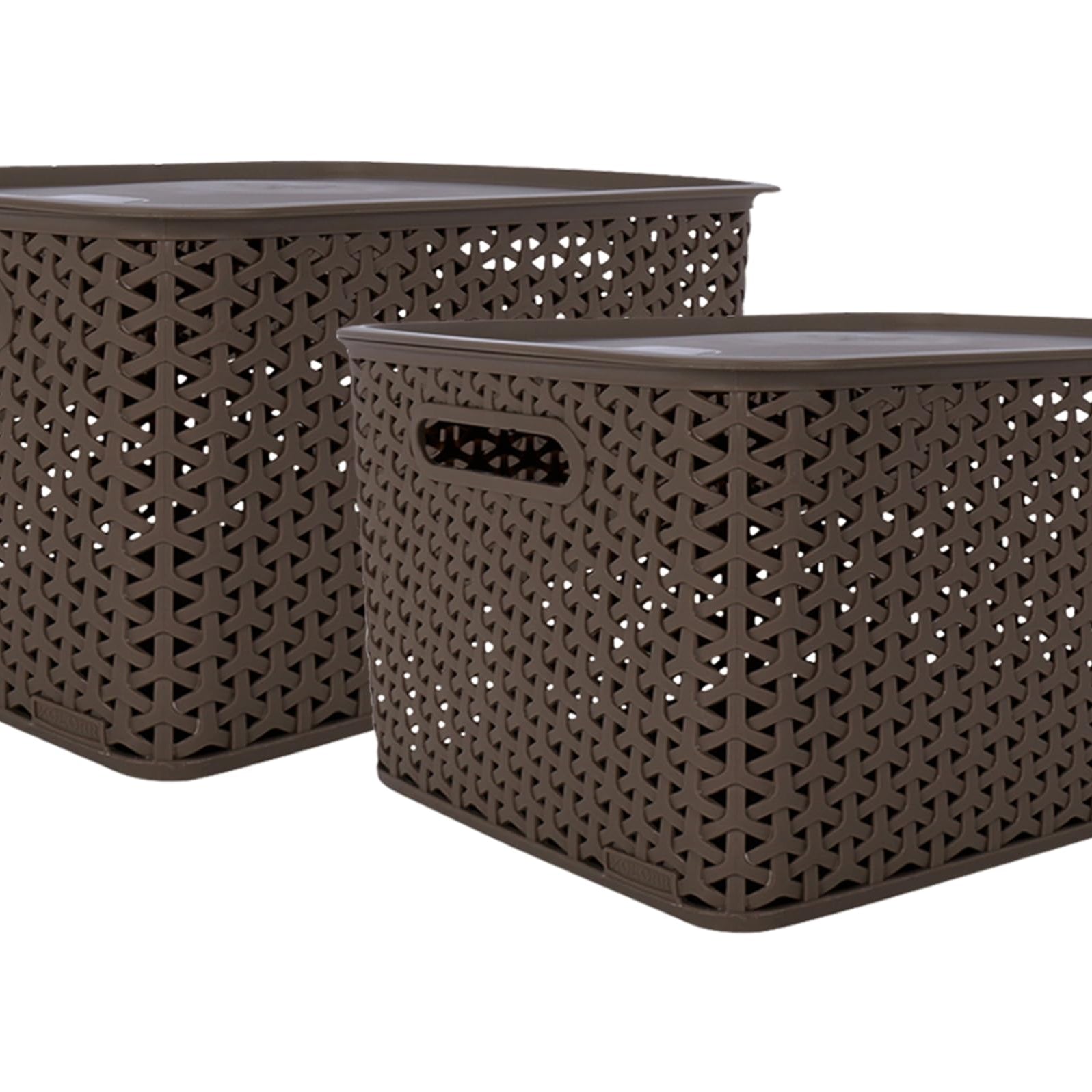 Bel Casa Royal Basket Large Pack Of 2 With 2 Lids Multipurpose Plastic Storage Baskets, Rectangular - Dark Brown