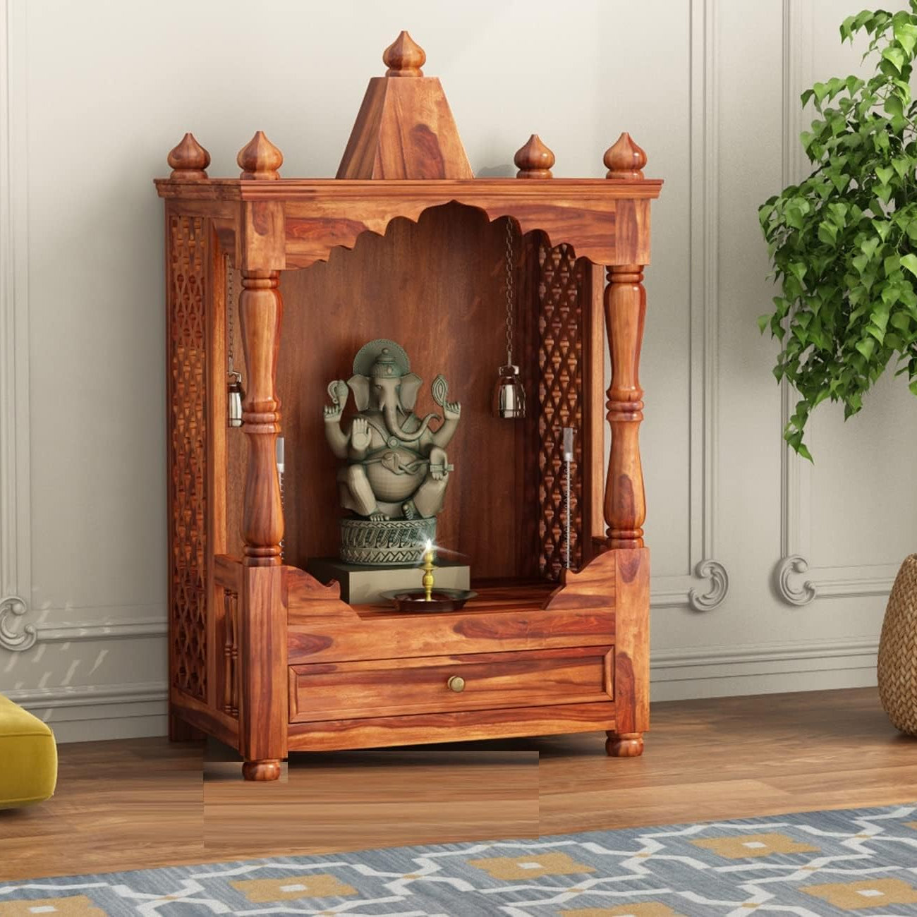 Almaro Woodlaza Almaro Wooden 3.2 Feet Temple For Home | Pooja Mandir For Puja Room With 1 Drawer Storage | Pooja Ghar | Solid Wood Sheesham, Honey Finish