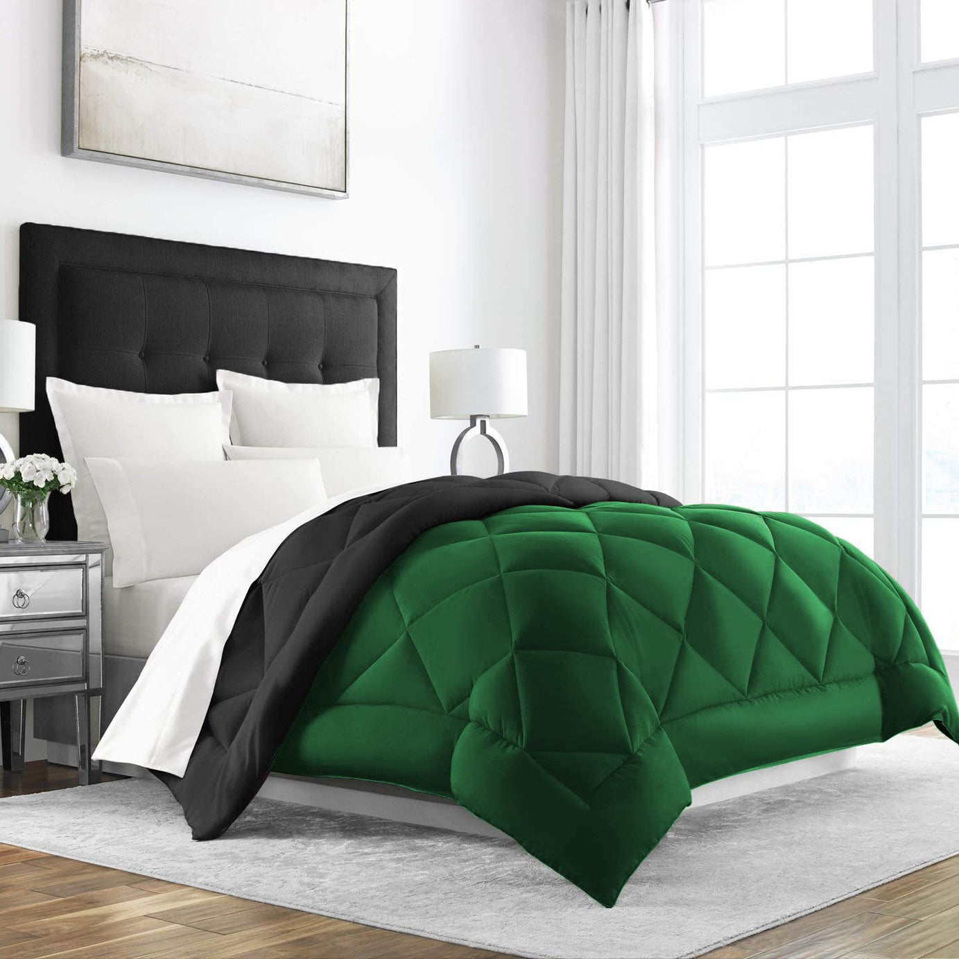 Texlux All Season Microfiber -Reversable Duvet/AC Comforter/Quilt - Black Dark Green - Double Size 90 Inch x 100 Inch