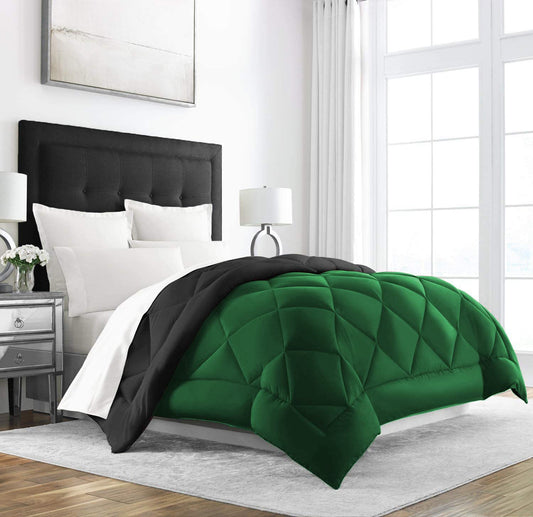 Texlux All Season Microfiber -Reversable Duvet/AC Comforter/Quilt - Black Dark Green - Double Size 90 Inch x 100 Inch