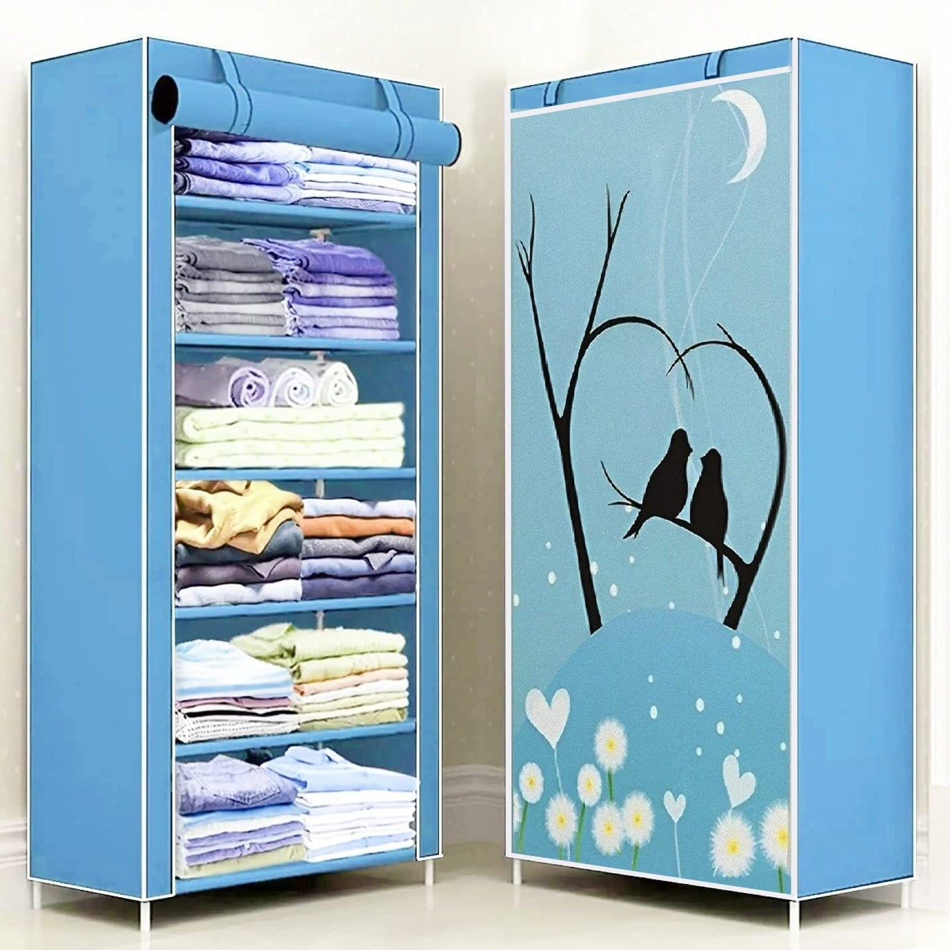 CMerchants Multipurpose Collapsible Love Bird PrintWardrobe Organizer with Non Woven Dustproof Zip Cover for Clothes (6 Metal Shelf Blue)