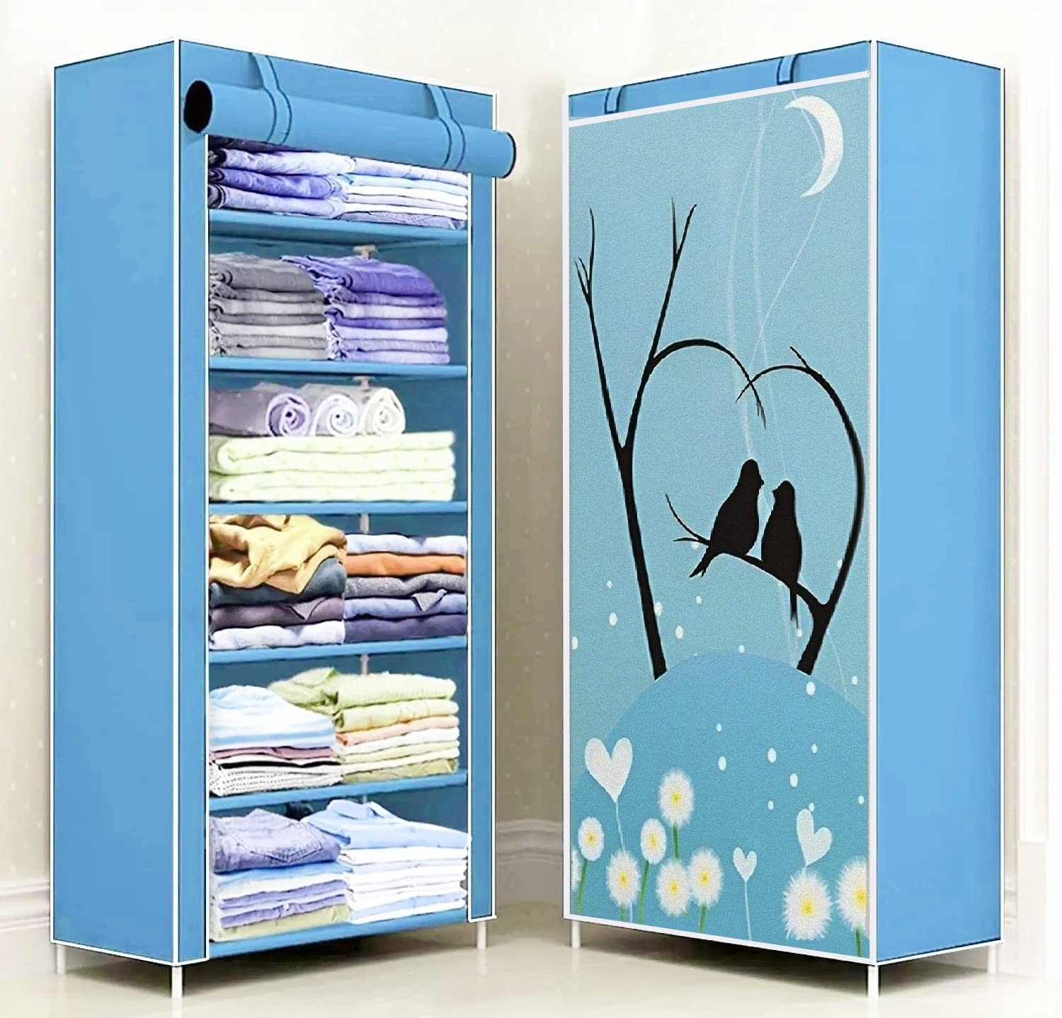 CMerchants Multipurpose Collapsible Love Bird PrintWardrobe Organizer with Non Woven Dustproof Zip Cover for Clothes (6 Metal Shelf Blue)