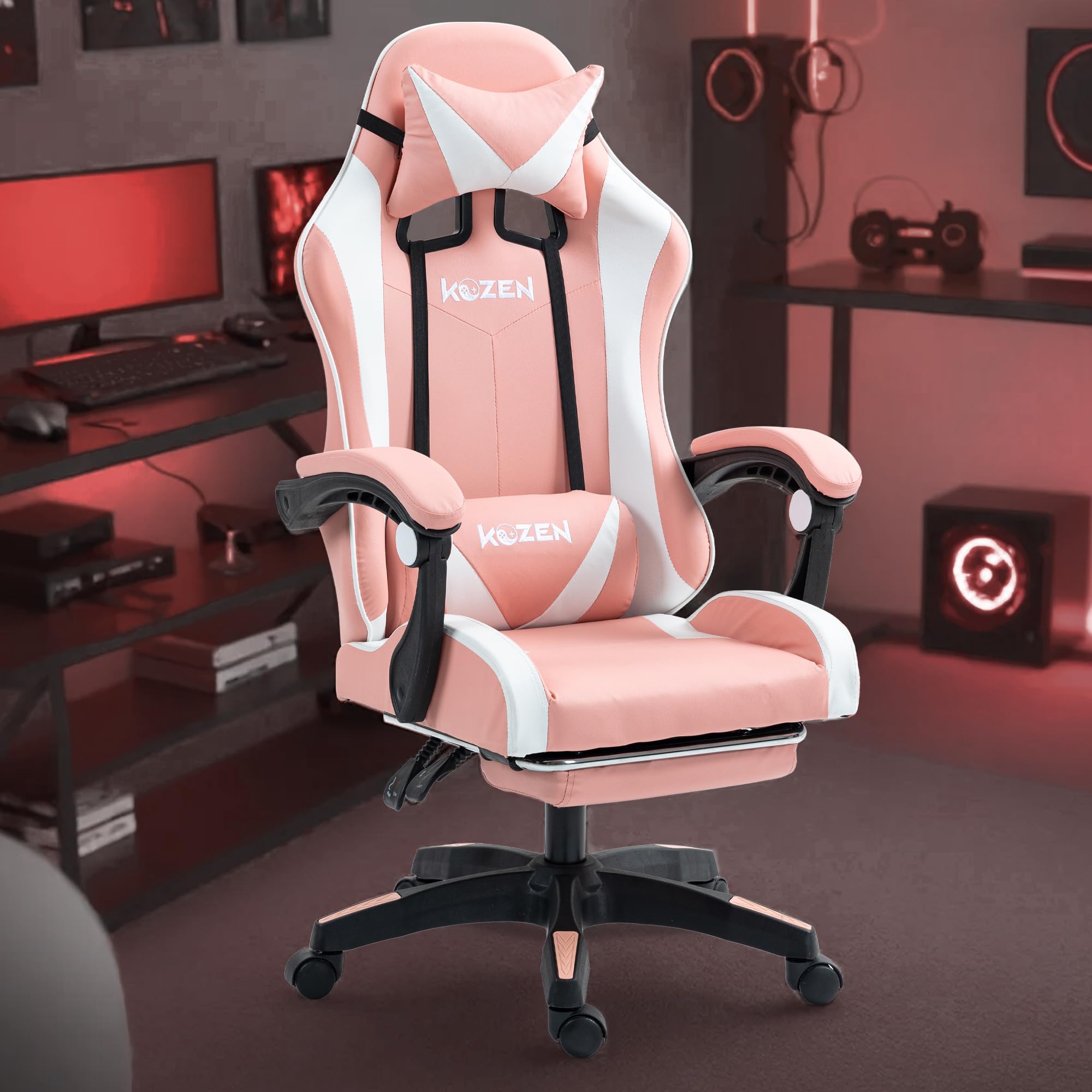 KOZEN Gaming Chair with Retractable Padded Footrest, 135° Recliner Chair with Premium PVC Fabric, Ergonomic Chair, Computer Chair, Class 3 Gas lift, Adjustable Headrest & Lumbar Cushion, Pink, 1