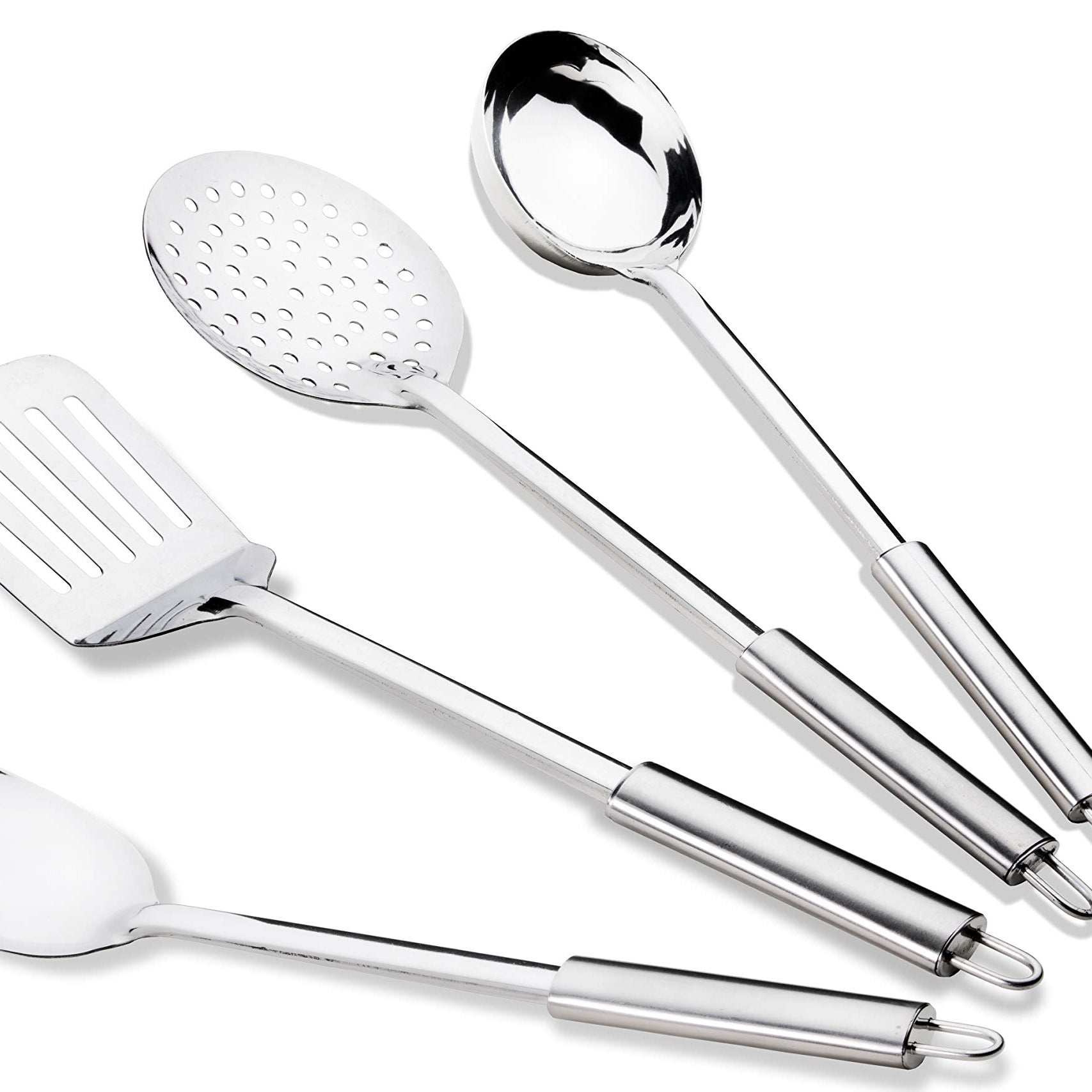 AXIOM Kitchen Tools Stainless Steel Heavy Gauge Non-Stick 4 Piece Set of Ladle (Karchhi), Skimmer (Jhara), Solid Spoon (Chamcha) and Slotted Turner/Spatula (Palta) for Cooking/Frying/Stirring/Basting