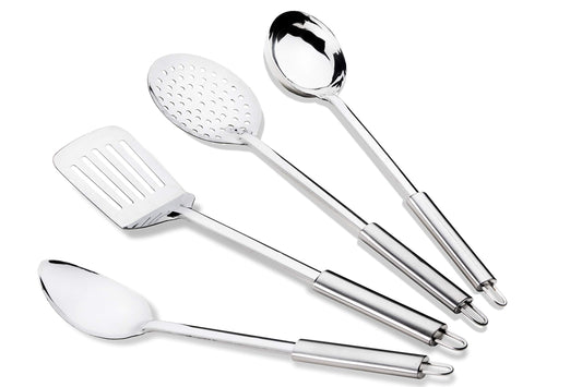 AXIOM Kitchen Tools Stainless Steel Heavy Gauge Non-Stick 4 Piece Set of Ladle (Karchhi), Skimmer (Jhara), Solid Spoon (Chamcha) and Slotted Turner/Spatula (Palta) for Cooking/Frying/Stirring/Basting