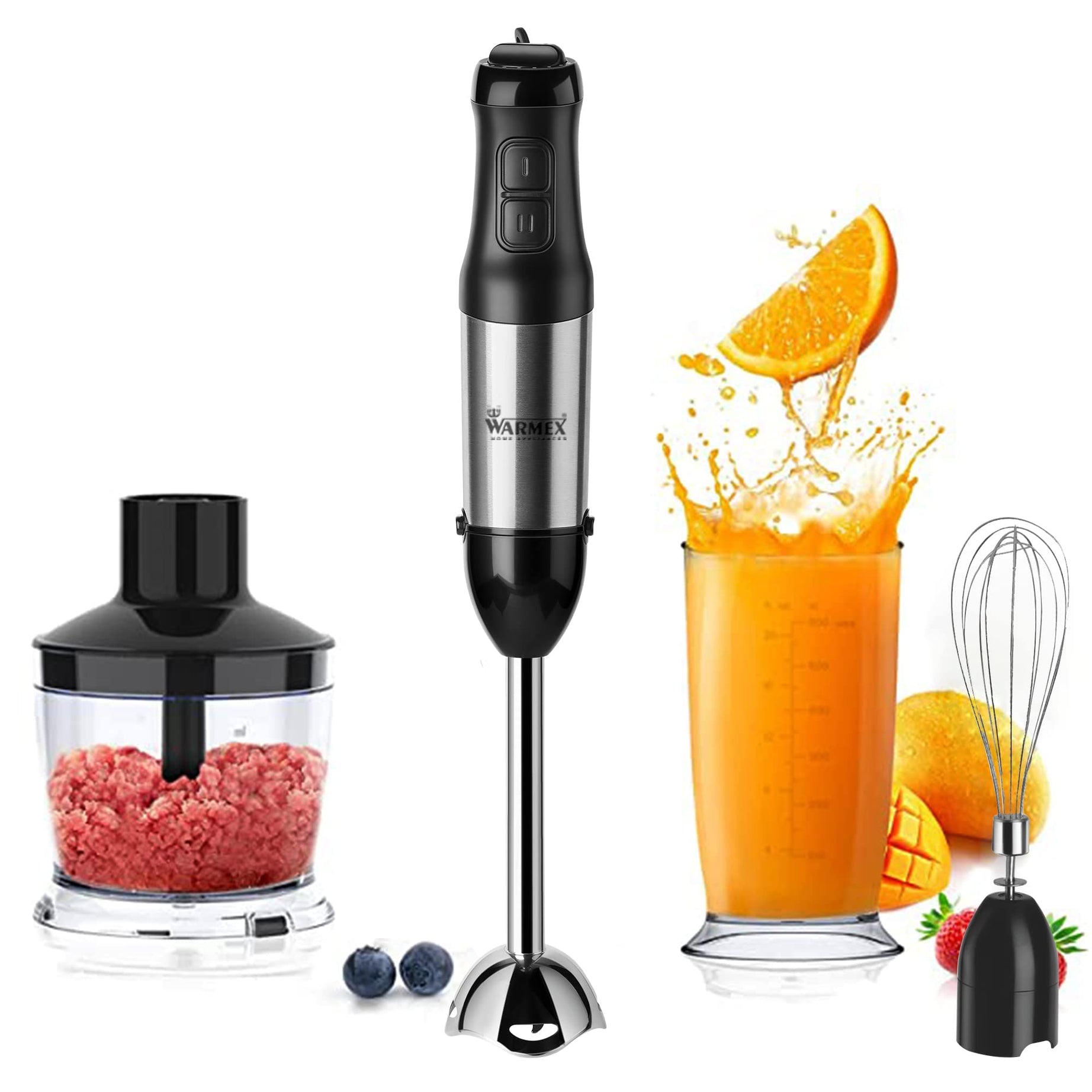 Warmex Electric Hand Blender for Kitchen with Chopper, Jar & Whisker | Black Appliance for Smoothies, Soup & Veggies | 2 Variable Speed Modes 230 Volts Stainless Steel Blades | 1 Years Warranty