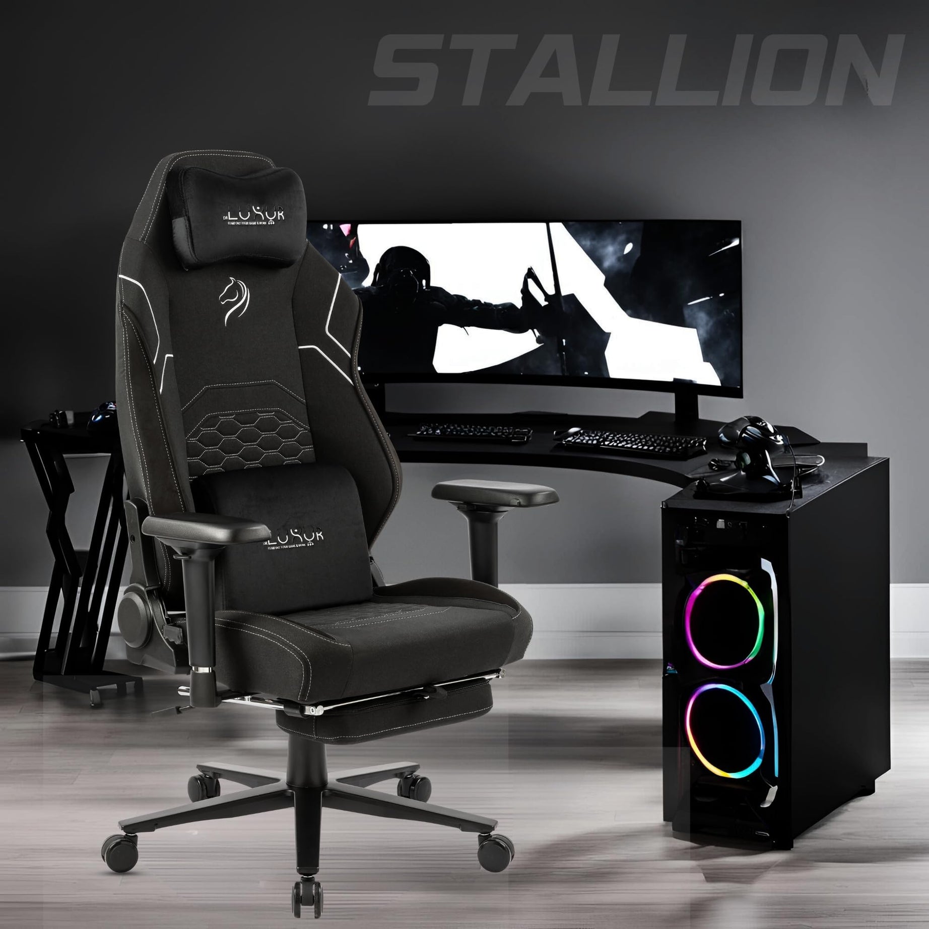 Dr Luxur STALLION Ergonomic Gaming Chair for Home Office and Study- for Work from Home with Magnetic Neck Pillow, Lumbar Pillow, 4-D Armrest, Footrest (Stallion Fabric)