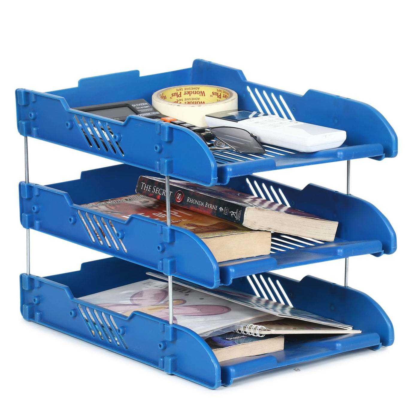 DTWOC File Tray Rack ABS Plastics | Foldable Office Desk Accessories | Durable & Sturdy | Easy Assembly | Efficient Organizer | Plastic Office Stationery Files Layer Rack -3LAYER(BLUE)