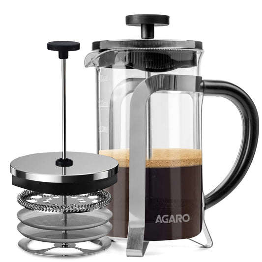 AGARO Classic French Press Coffee And Tea Maker, Borosilicate Glass Body With Sleeves, Glass Carafe, BPA Free Plastic Lid Strainer, 600Ml