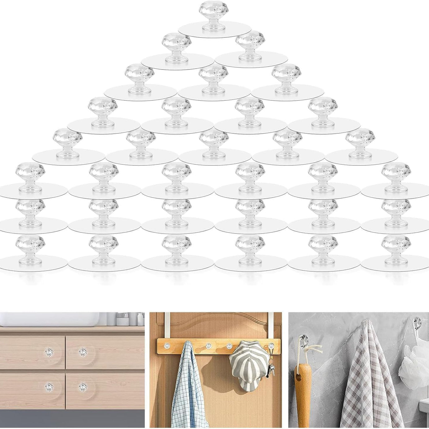 Chillyfit 10 Pack Clear Cabinet Drawer Knobs, Diamond Crystal Shaped Pulls Handles for Wardrobe, Kitchen Cupboard, Bathroom Dresser, Furniture Door Window, Drill Free Self-Stick Push Pull Helper