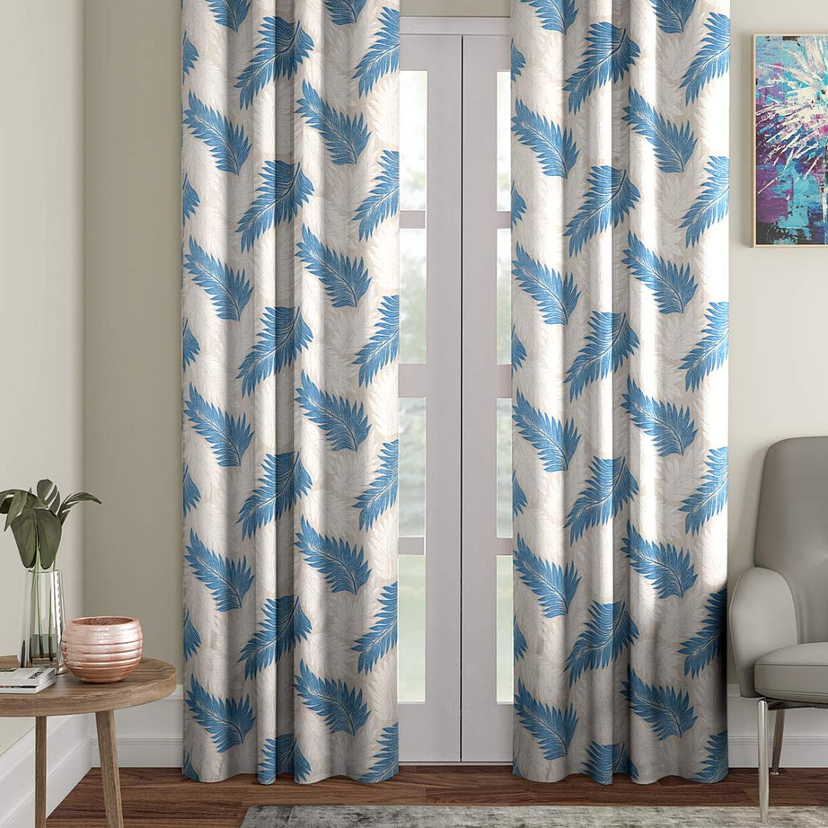 Cortina 2 Piece Leaf Design Panel Eyelet Polyester Door Curtains - 7 Feet, Blue