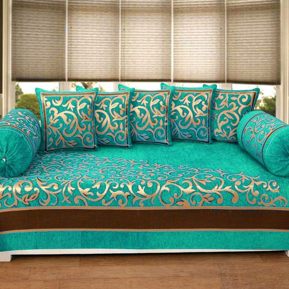 FRESH FROM LOOM Chenille Floral 500 TC Diwan Set Aqua - 1 Single Bedsheet with 2 Bolster Covers and 5 Cushion Covers (8pc Set)