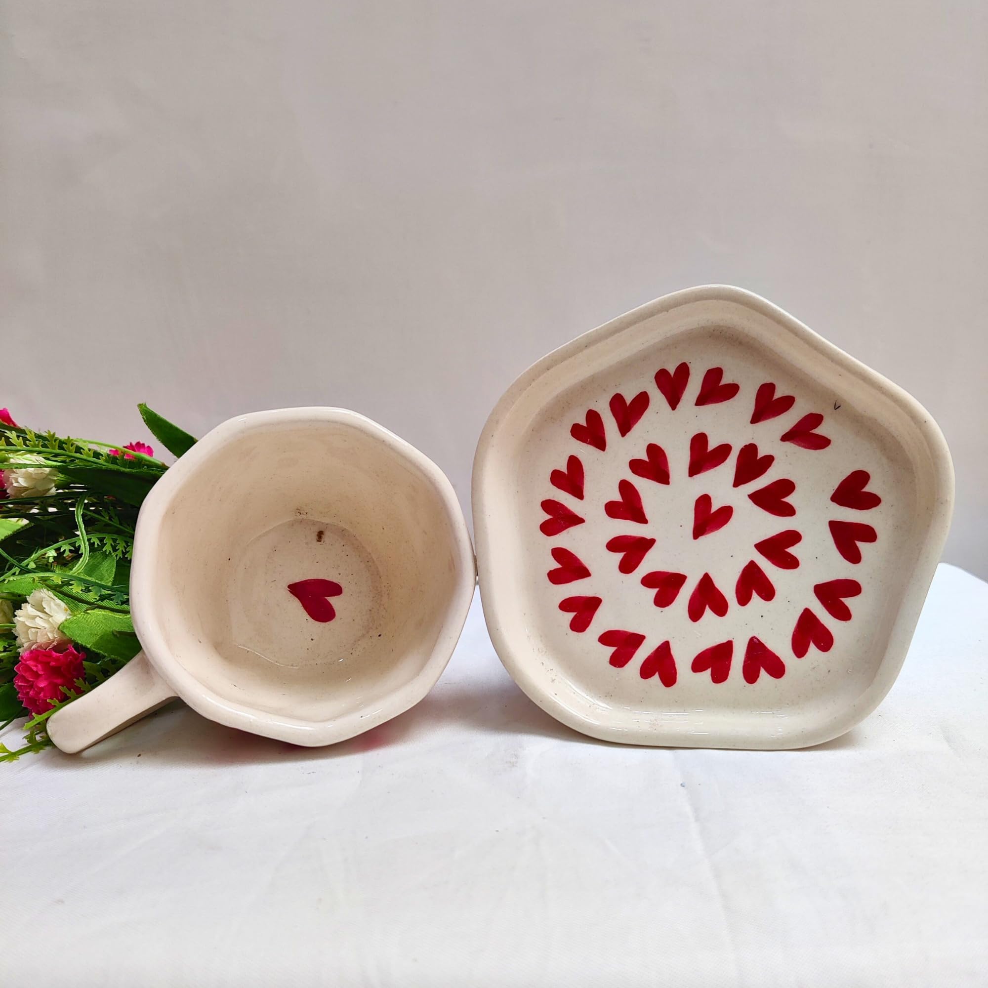 DIVYAKALAA Handpainted Ceramic Tea Cup & Saucer Set || 300 mL, Microwave and Dishwasher safe || Ceramic Tea cups (Red Hearts) || Tea cup Coffee Mug Gift and Special Occasions