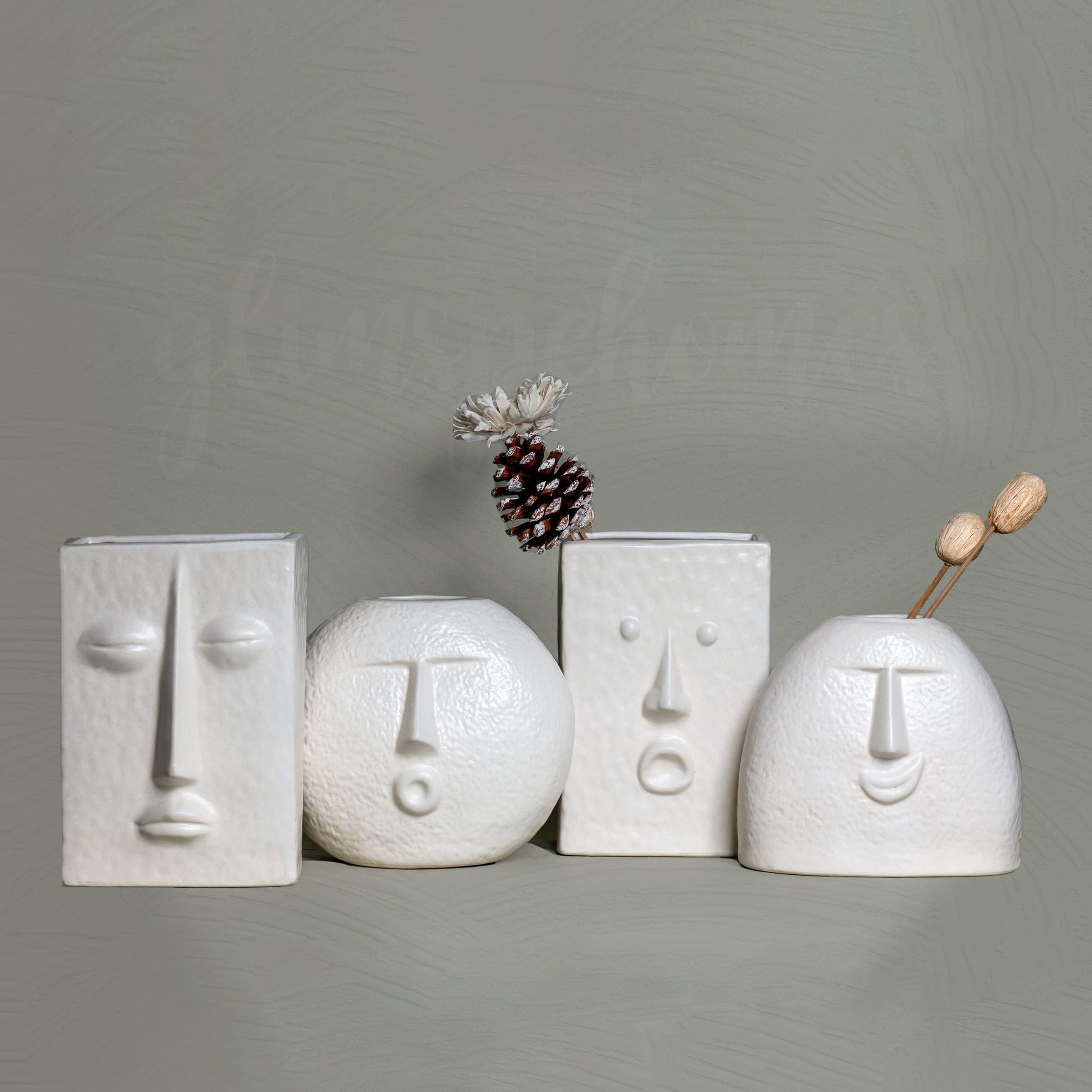 Glimpse Homes | The Nordic Face Vases Collection | Set of 4 | Ivory, Satin Matte Finish