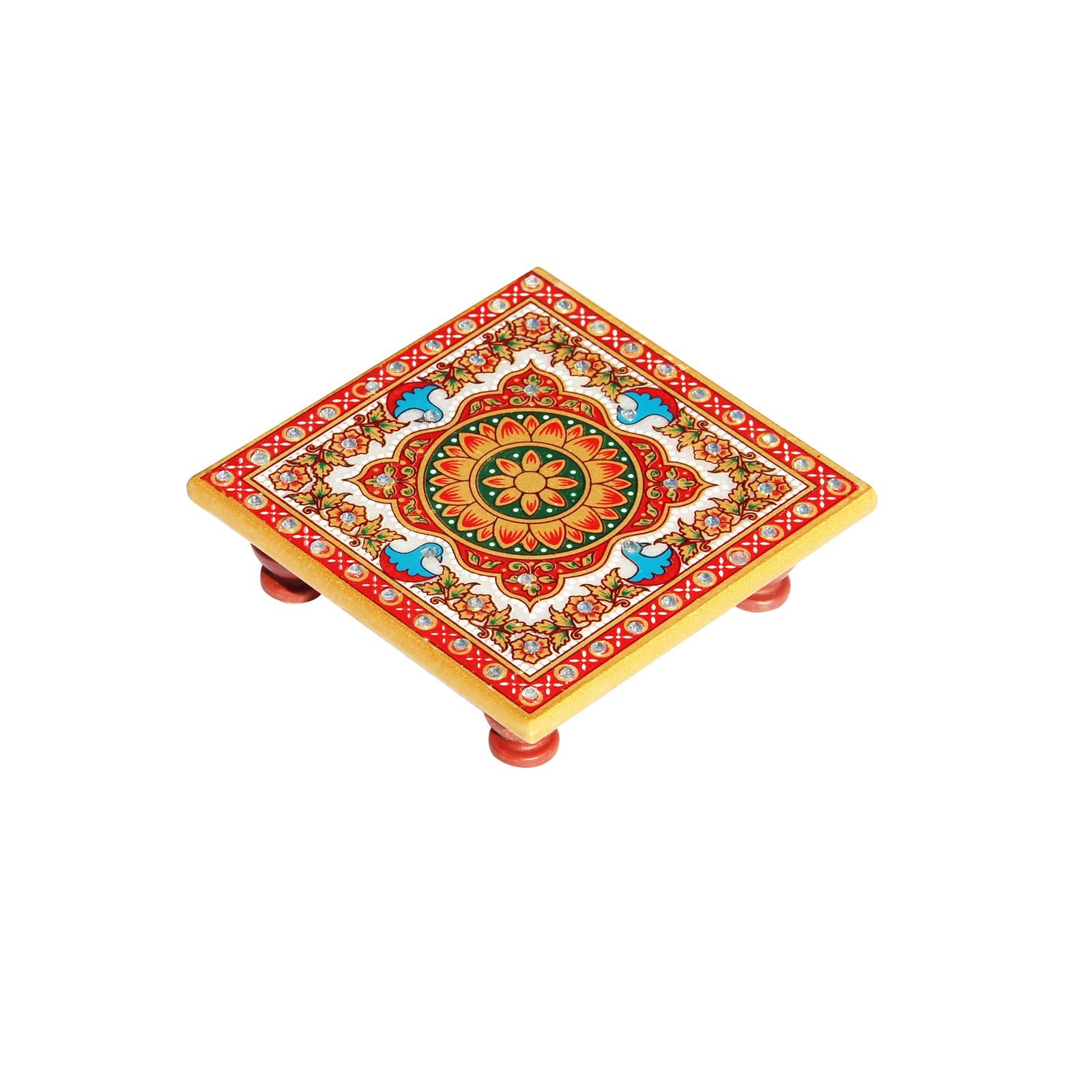 Handicrafts Paradise Intricate Floral Painted Marble Chowki (10.2 cm x 10.2 cm x 2.55 cm, multicolour), square