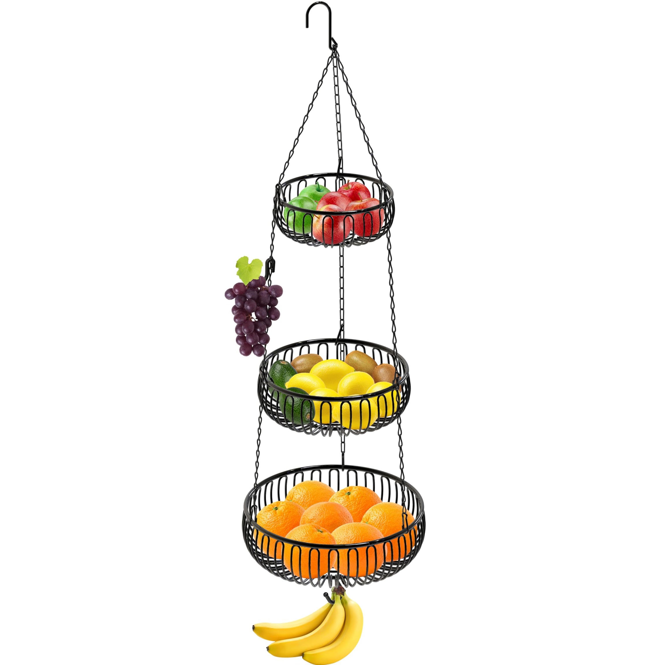 SimpleHouseware Hanging Fruit Basket, Classic Oblate, Black