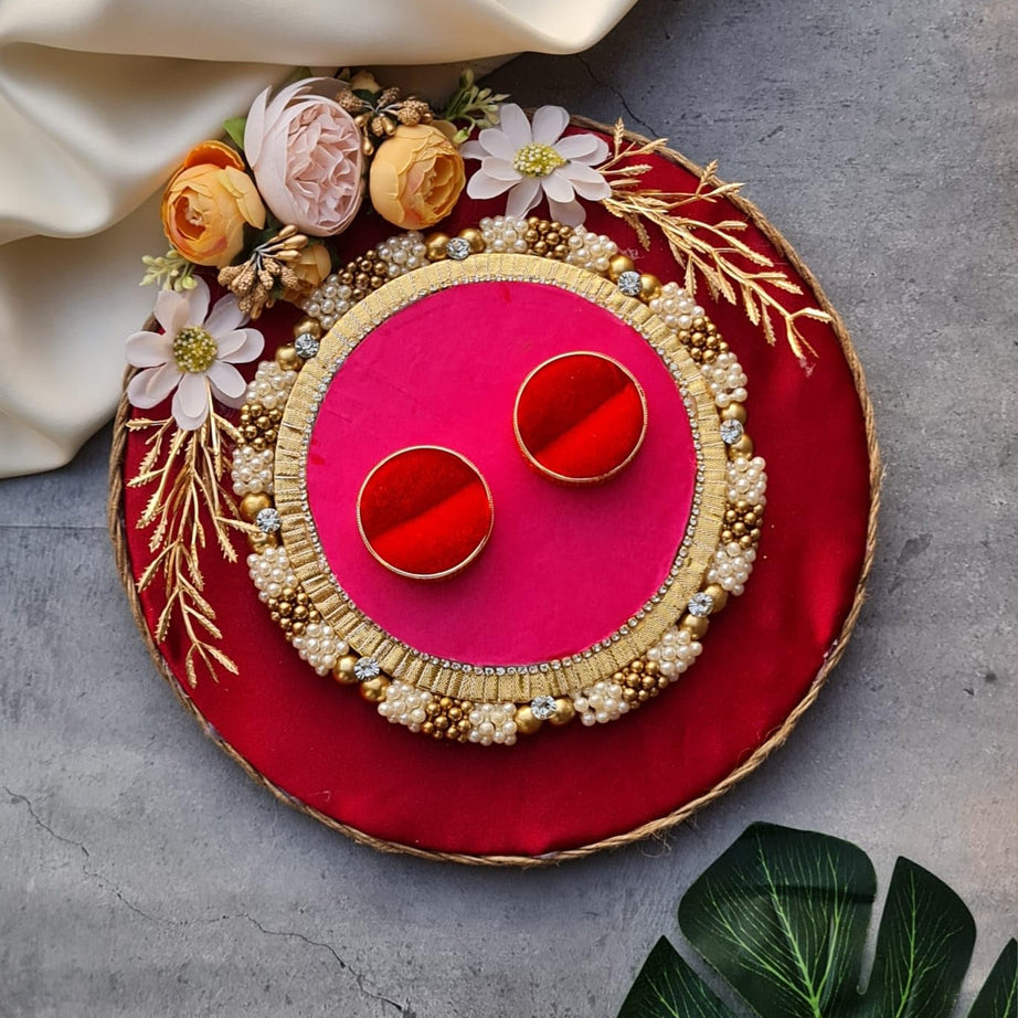 SATYAM KRAFT 1 pc Handcrafted Engagement Ring Holder Ring Platter Round Ring thali-Ideal for shaadi decor,marriage,handmade Decorative Ring Platter for Brides maid,bride-groom wedding Functions