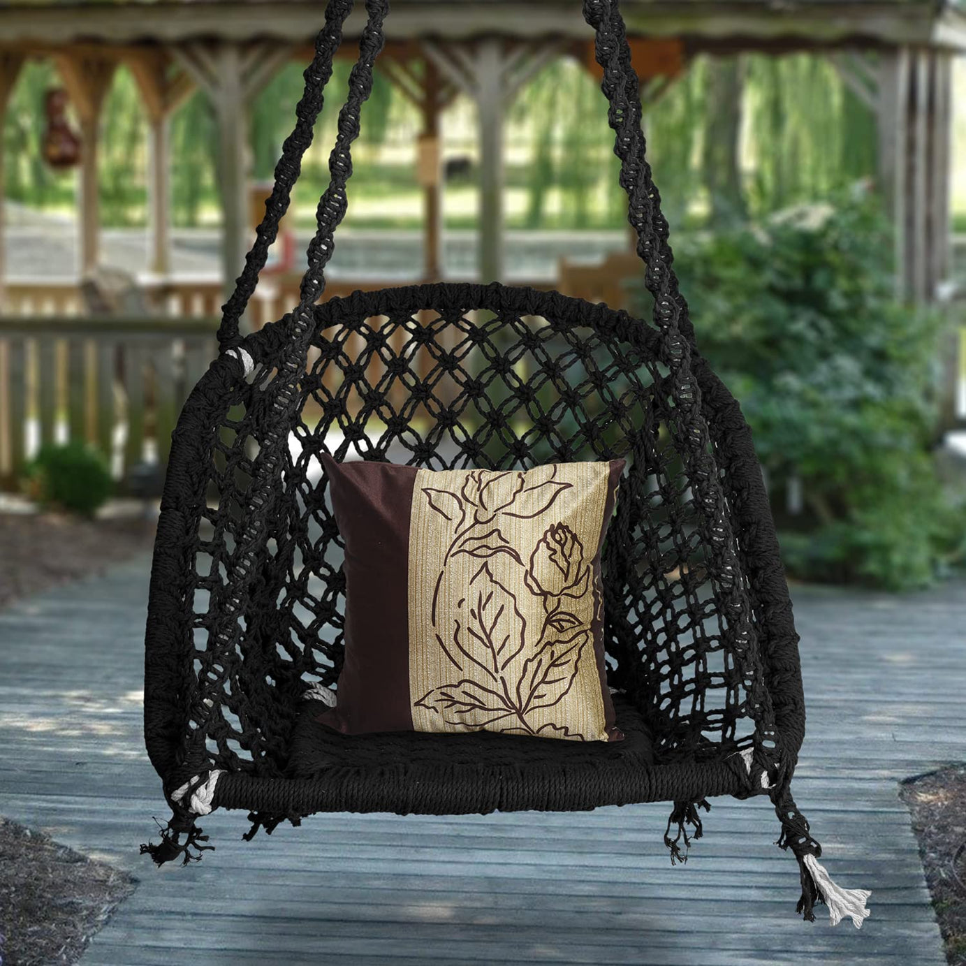 Halder Jute Regular Indoor Outdoor D Shape Hanging Swing Chair (Cotton,Black, 150 * 65 * 72 cm)