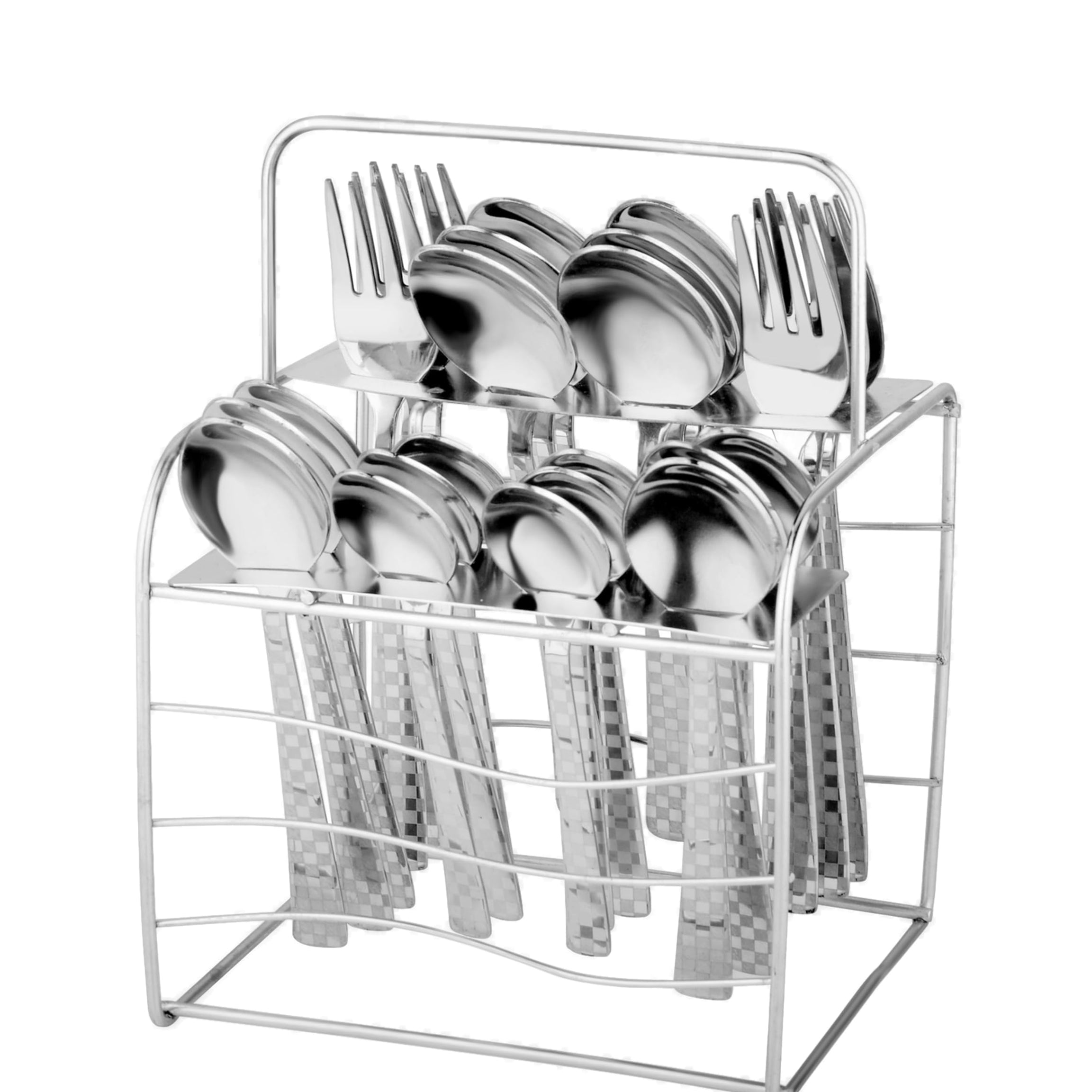 Parage 25 Pieces Decora Premium Stainless Steel Cutlery Set For Home & Kitchen (Contains: 6 Table Spoons, 6 Forks, 6 Master Spoons, 6 Soup Spoons, 1 SS Stand) Spoon Set, Dining Tableware Fancy- Silver