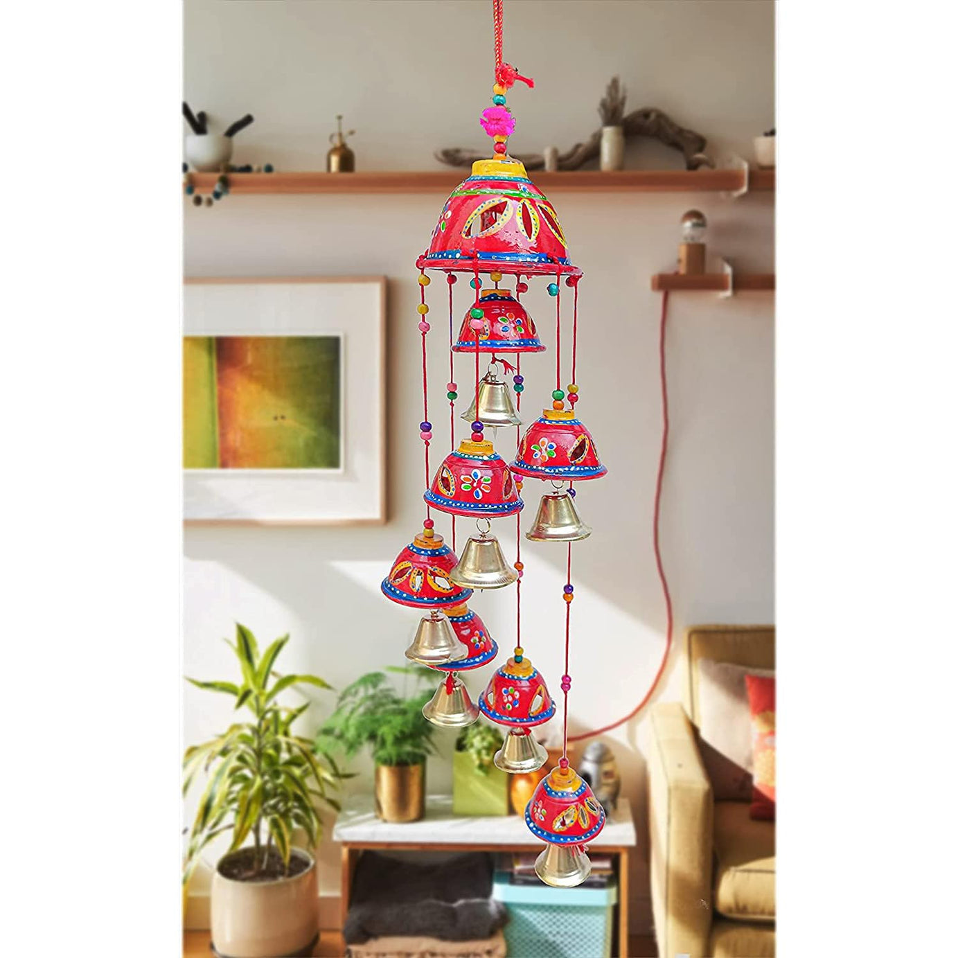 Comelyns Wind chimes for home positive energy Rajasthani Painting Design 8 Bells Decorative Windchime Rajasthani Design Handcrafted Hanging Windchimes|Latkan with 8 Bells for Home Décor