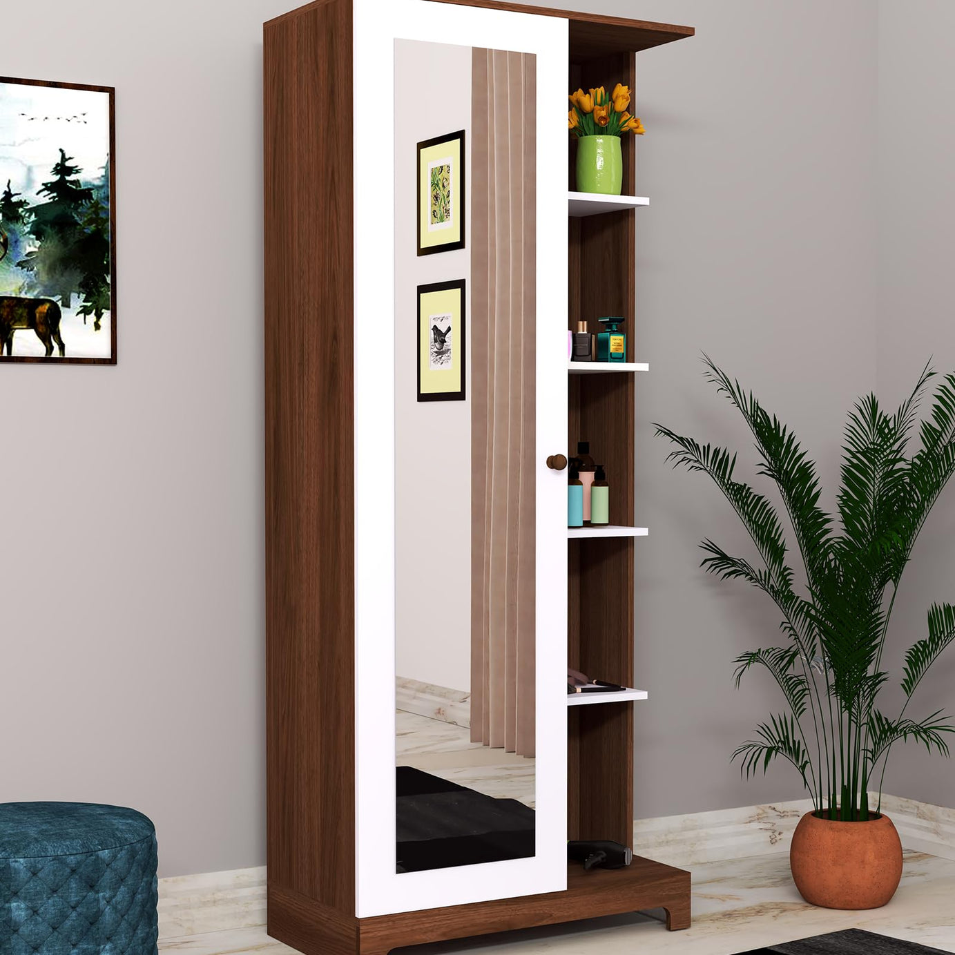 Witty Wud | Desitny | Engineered Wood Dressing Table with Shelf and Storage 1 Door with Mirror in Balit Teak & Frosty White Colour | 1 year Warranty