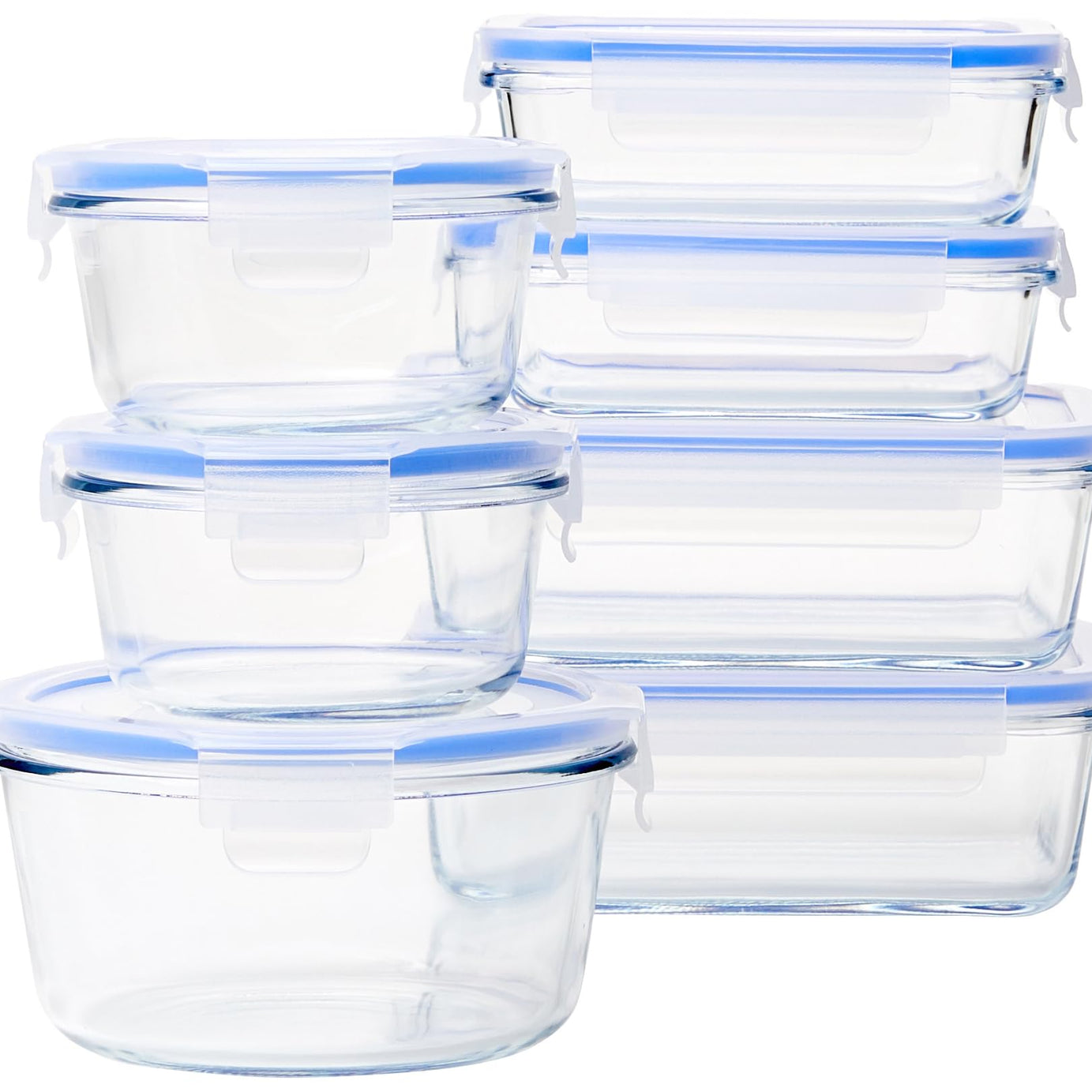 amazon basics Glass Leak-Proof Locking Lids - Food Storage Containers, 7-Piece Set, Transparent