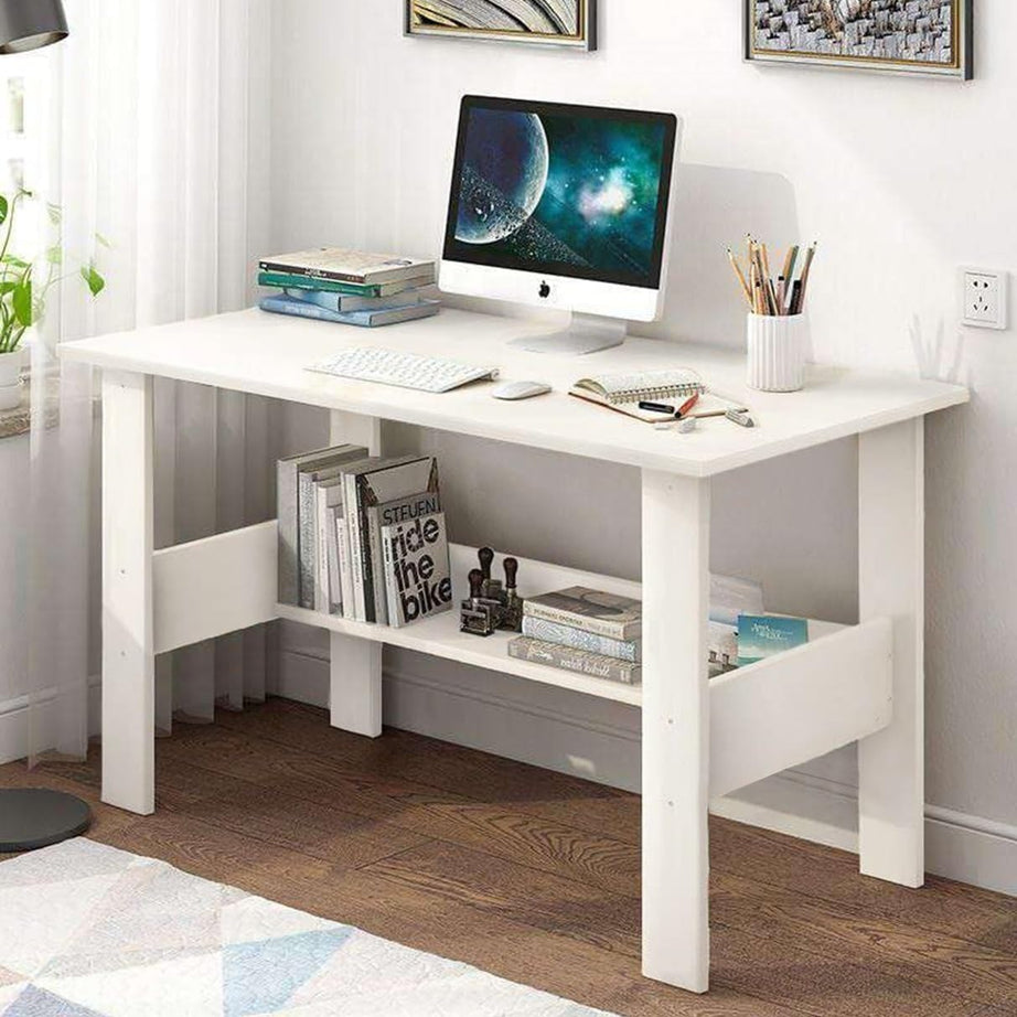 Lukzer Engineered Wood Computer Desk with One Tier Shelves Laptop Study Table for Office Home Workstation Writing Modern Desk (ST-004/ White / 90 x 50 x 77 cm)