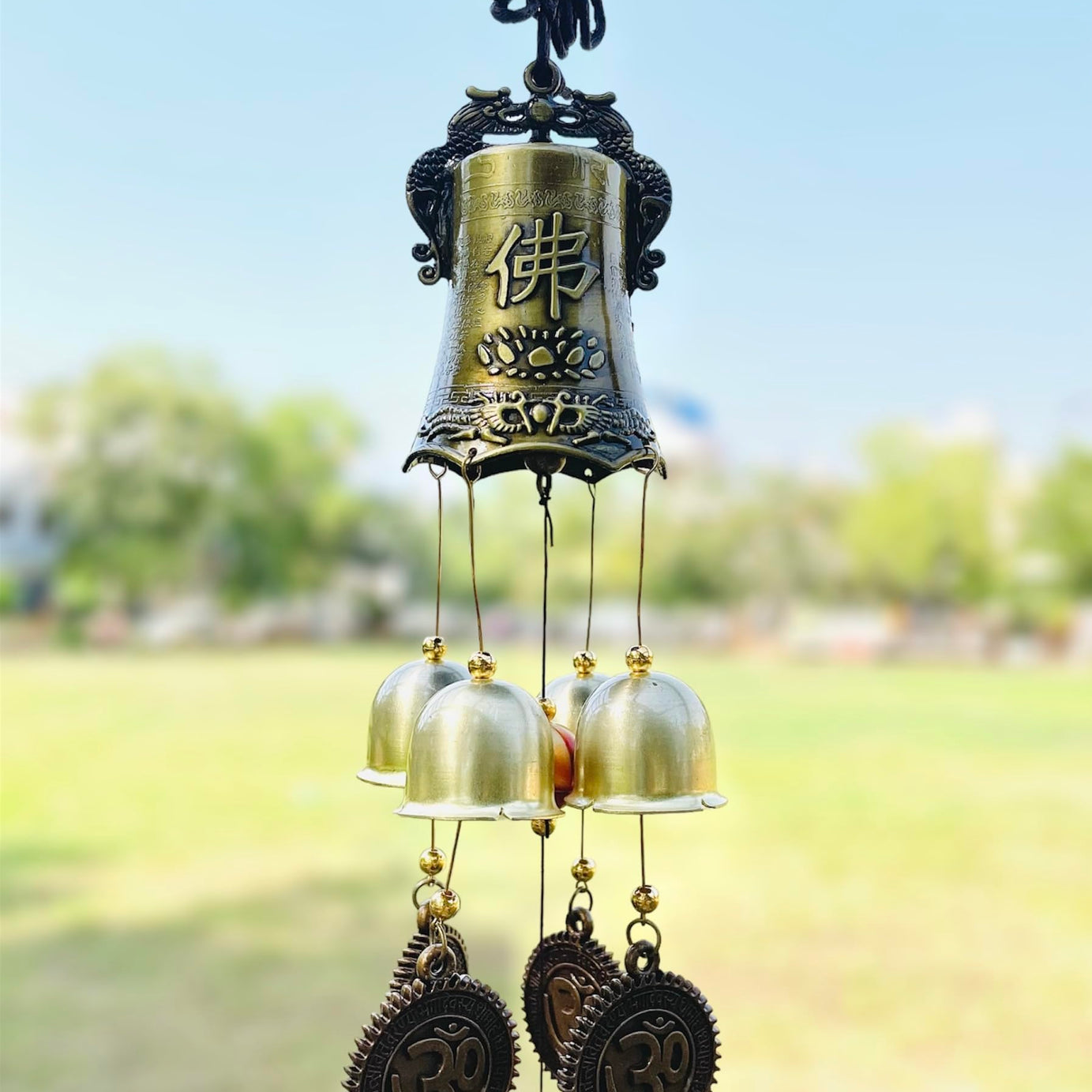 WARMINGO DE Wind Chimes for Home Positive Energy | 4 Brass Bells Om Wind Chime for Good Luck and Prosperity | Wind Chimes for Home | 4 Bells