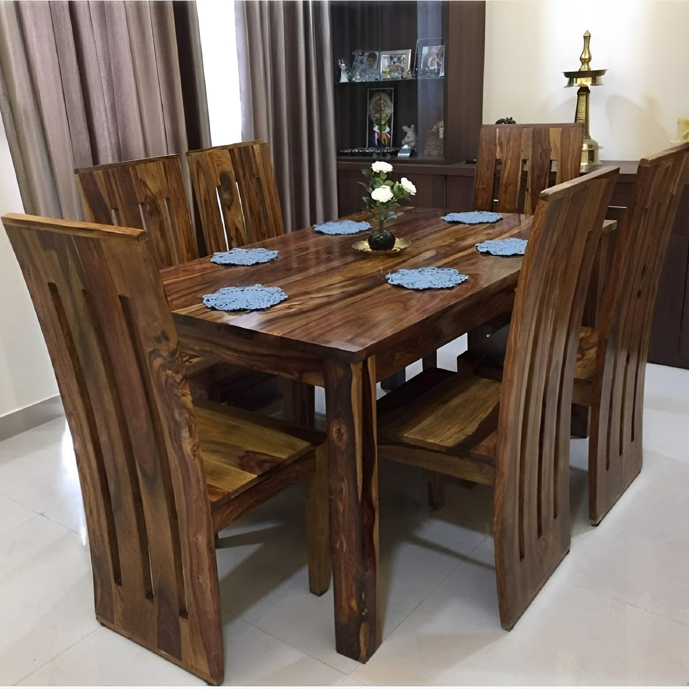 Douceur Furnitures Solid Sheesham Wood Six Seater Dining Set for Dining Room | Wooden One Dining Table with Six Chairs | Colour Finish - Natural Brown Finish |, 30 In, 57 In