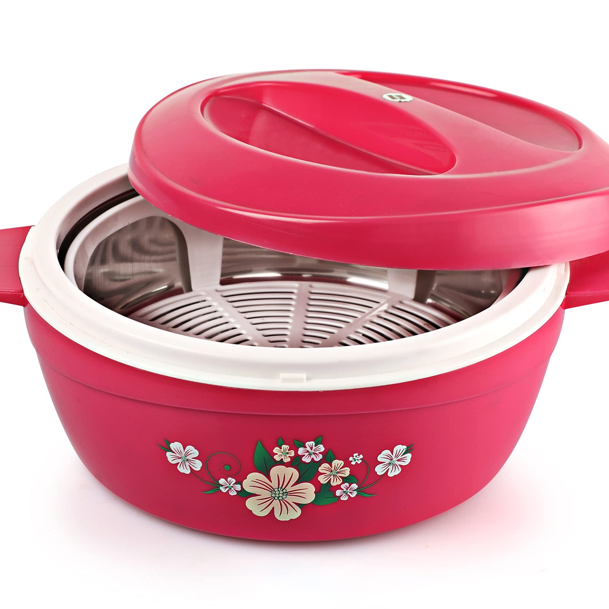 Cello Roti Plus Plastic Floral Casserole with Lid | Locks in the cold & heat for long | Casserole with drip tray | Easy grip lid to open and close | 2.5 L, Pink