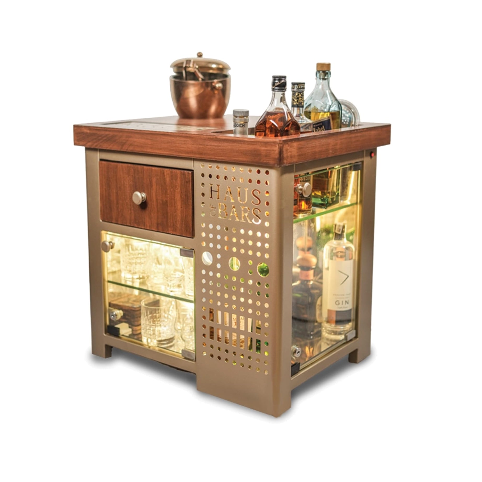 HAUS OF BARS by SpeedX - Model M Mini Bar for home, Matte Gold with Right Side Display Cabinet