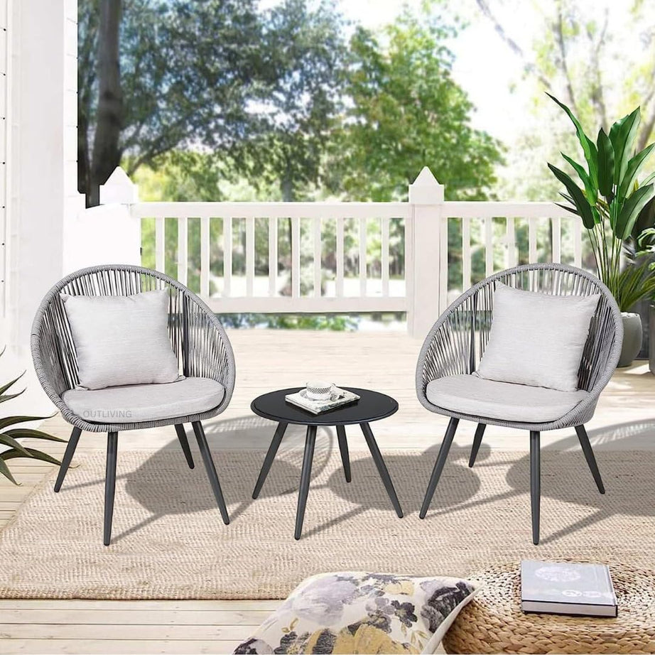 OUTLIVING Braid Rope Patio 2 Seater Chairs & Table Set Outdoor Garden Furniture Set for Home (Grey)