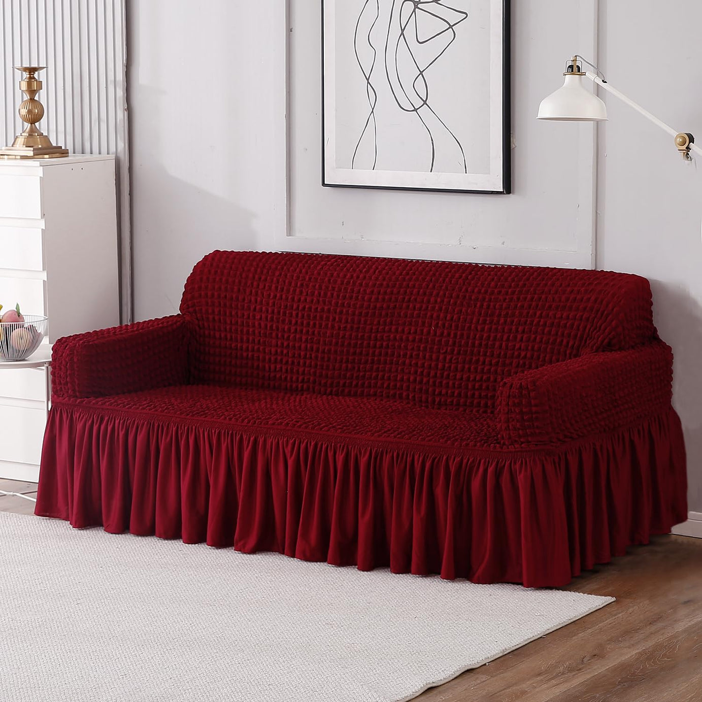 HOKIPO Stretchable Elastic Turkish Bubble Frill Cover for Sofa 3 Seater, Cherry Red (AR-4604-B5)