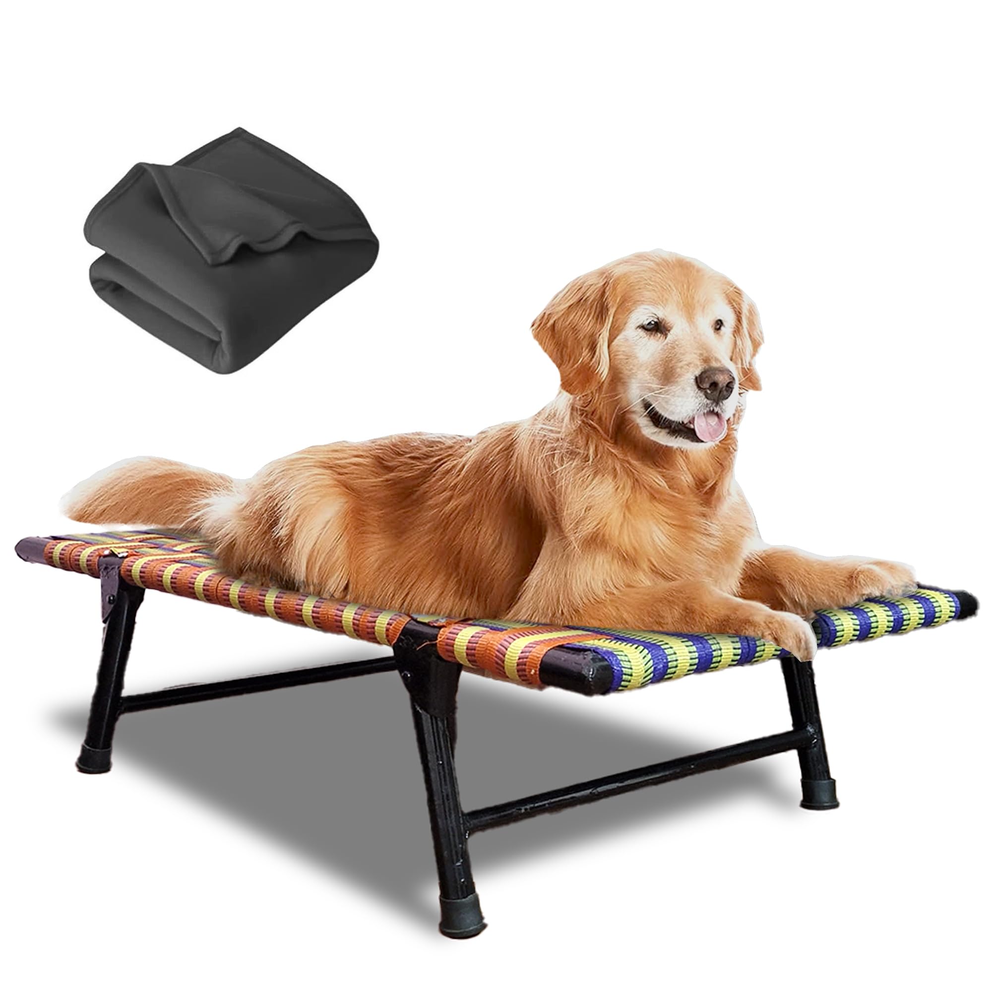 PetZen Folding Dog Bed Small Size and Medium Size with Towel (36x24x8 Inch) I Nylon Cooling Summer Bed for Dog I Elevated Dog Bed I Dog mat for Sleeping I Antislip and Waterproof | Multicolor