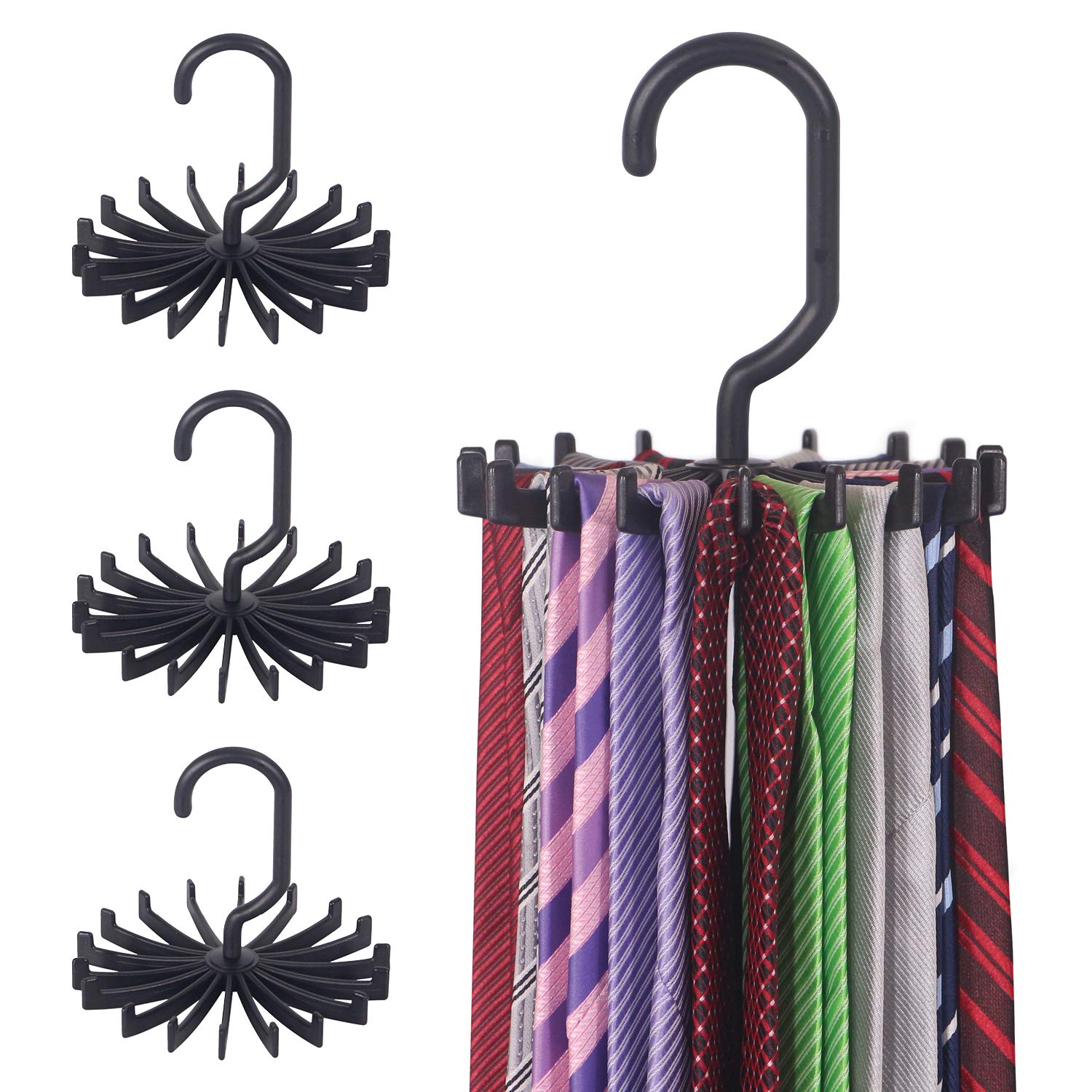 KIMIANDY 3 Pack Tie Rack Hanger Holder Hooks Organizer for Mens, 360 Degree Rotating tie Racks,Black