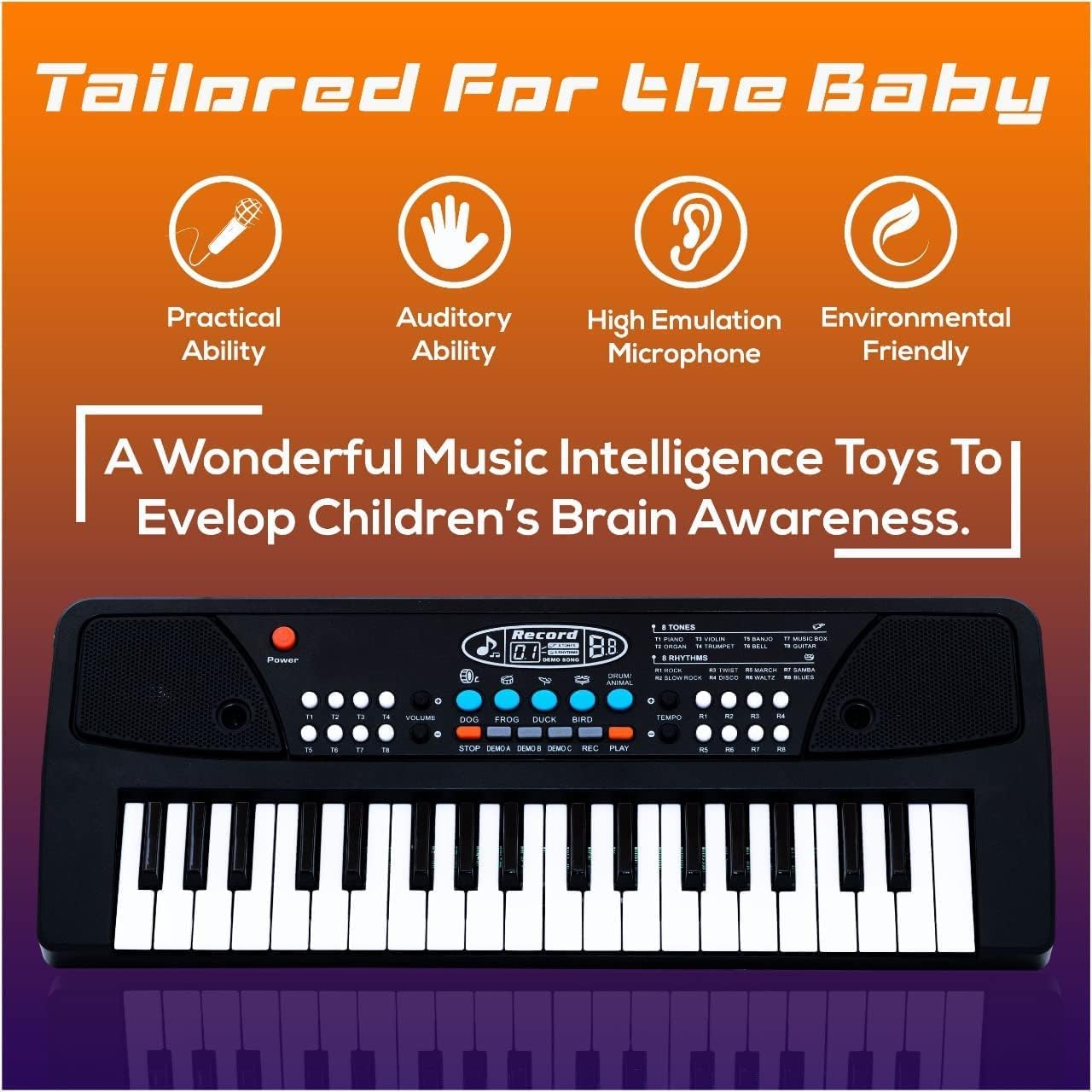 VEBETO Kids Piano with Mic (1 Year Extended Warranty) 37 Keys 8 Rhythms 8 Tones 6 Demos Portable Electronic Keyboard Toy Beginners Educational Songs Recording Musical Toys Age 3 to 5 Years Boys Girls