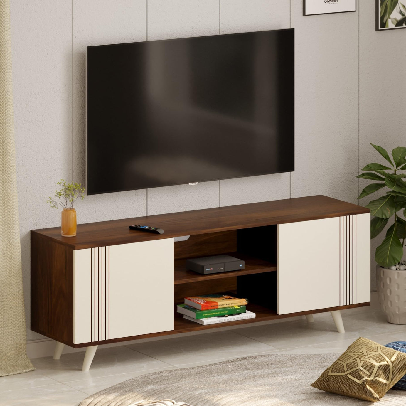 BLUEWUD Harmond Engineering Wood Floor Standing TV Entertainment Unit Set Top Box Stand/TV Cabinet with shelves for books & Décor display Unit Bed Living Room Upto 42 Inches (Brown Maple & White)