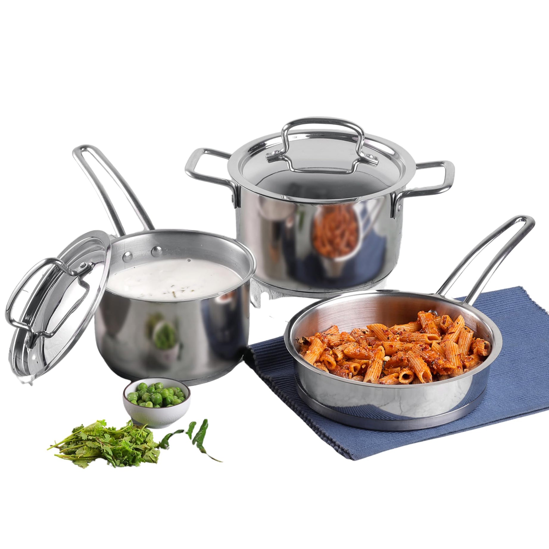 Vinod Classic Deluxe Stainless Steel Cookware Combo Set of 3 Pcs | Saucepan, Saucepot and Frypan | Extra Deep, Riveted Handles | Induction Base | 2 Year Warranty