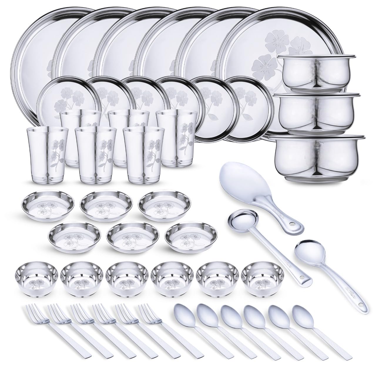 Limetro Steel Laser Print Stainless Steel Dinnet Set | Steel Kitchen Set for Home (51 Pieces, Flower-2)