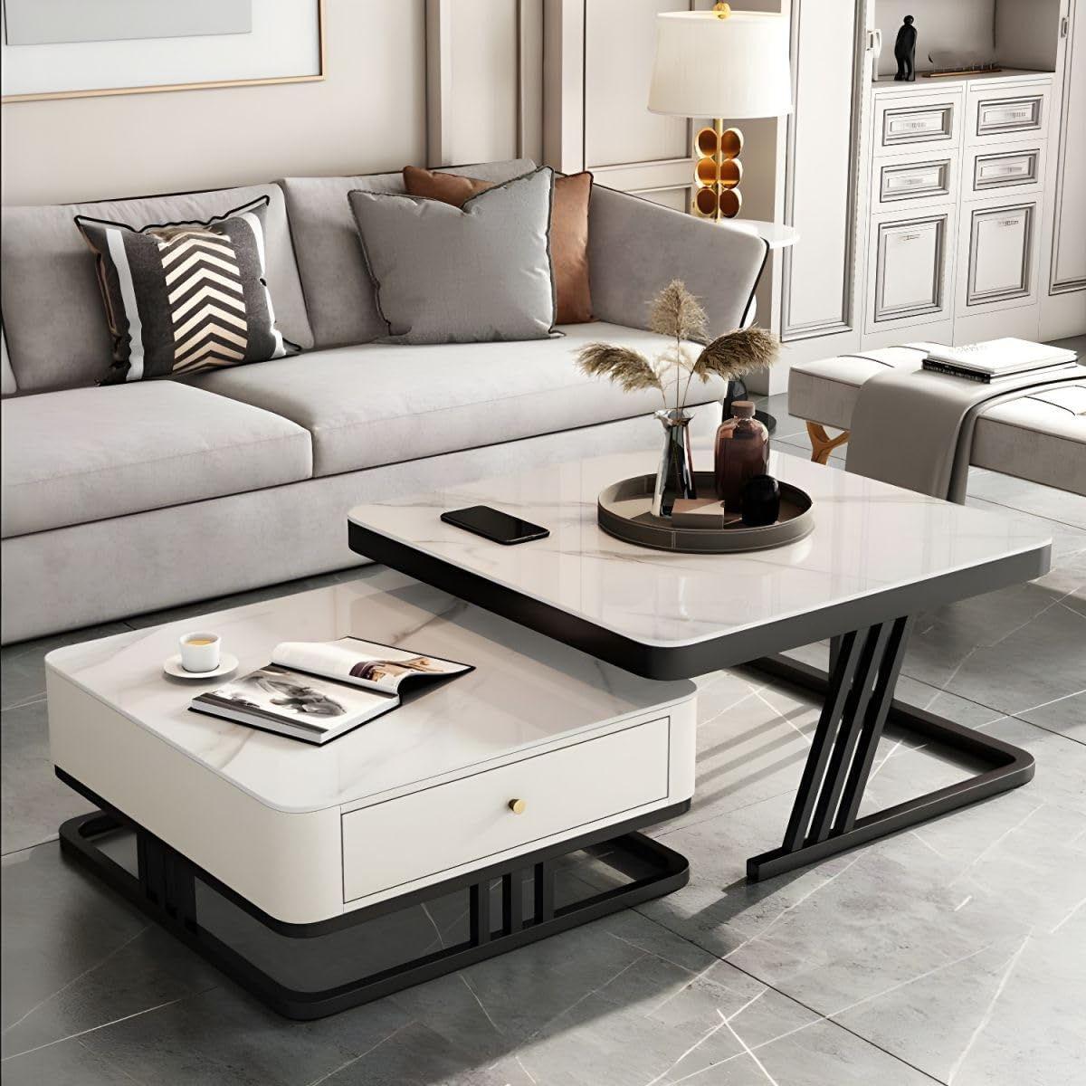 ETILAN Metal Frame Modern Set of 2 Sofa Center Table Coffee Table Marble Look Snackes Table for Living Room Bedroom Dining Room Hallway (Black White)