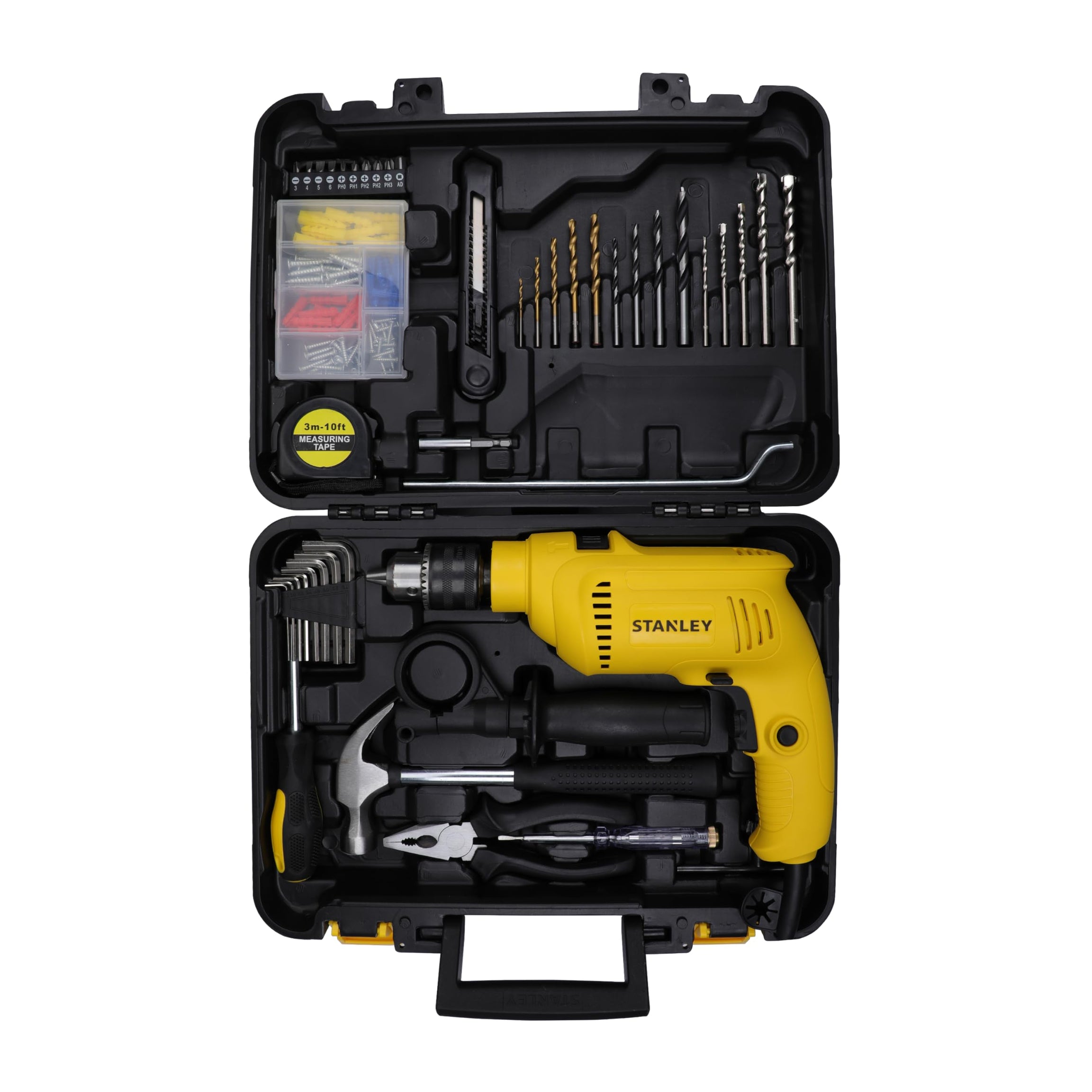 STANLEY SDH600KP 600W 13mm Corded Hammer Drill Machine & Hand Tool Kit for Home, DIY & Professional Use (120-Pieces) - Includes Hammer Drill, Hammer & Measuring Tape, 1 Year Warranty, YELLOW & BLACK