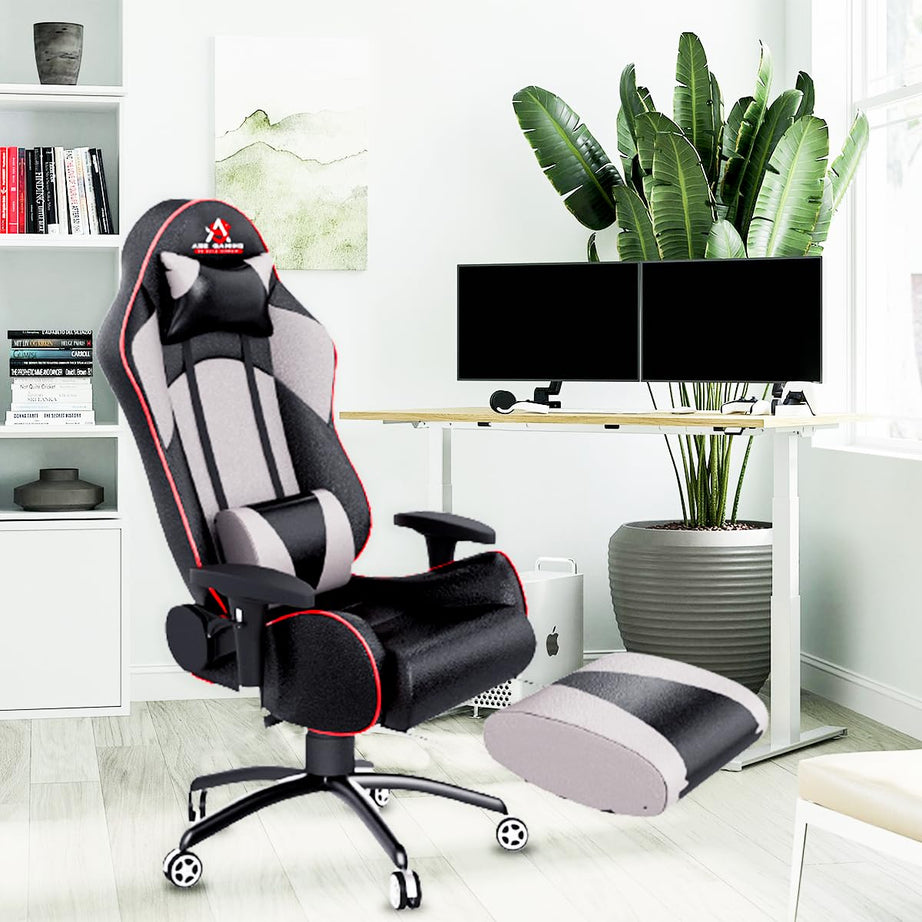 ASE GAMING Gold Series Ergonomic Gaming Chair with Footrest Premium PU Leather, Adjustable Neck & Lumbar Pillow, 180 Degree Recline with Black Metal Base (Grey & Black) (Grey) (Grey)