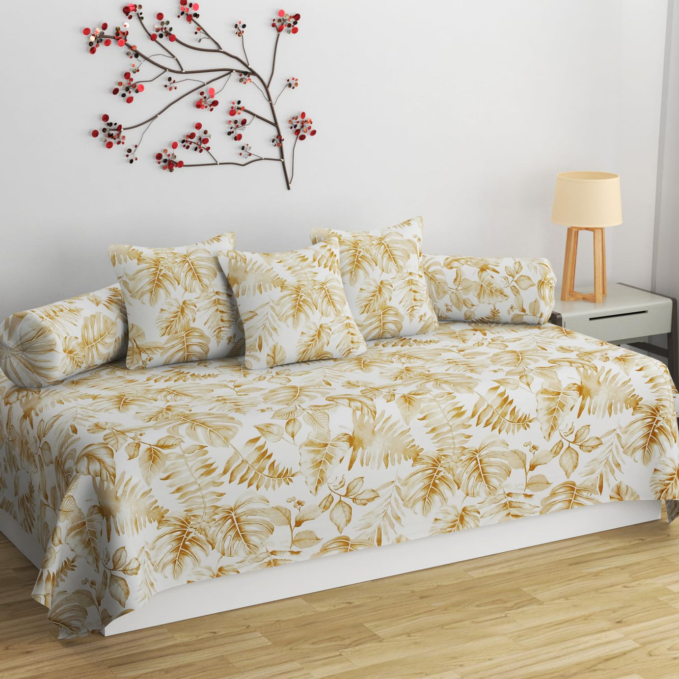 STEDO Homes Diwan Set Covers Cotton 6 Pieces, Pure Cotton Designer Printed Standard Diwan Set (1 Single Bedsheet, 2 Bolster Covers, 3 Cushion Covers)- Beige Leaf, Floral