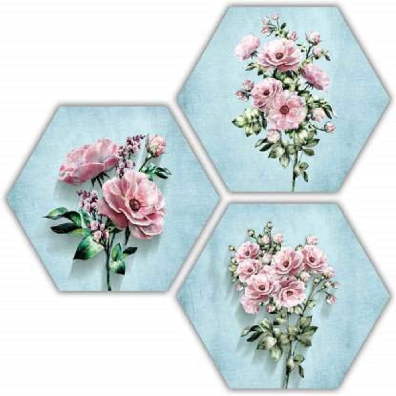 SAF paintings Set of 3 Hexagon Pretty Flower MDF Board UV Textured Painting 17 Inch X 17 Inch SANFHXS30620