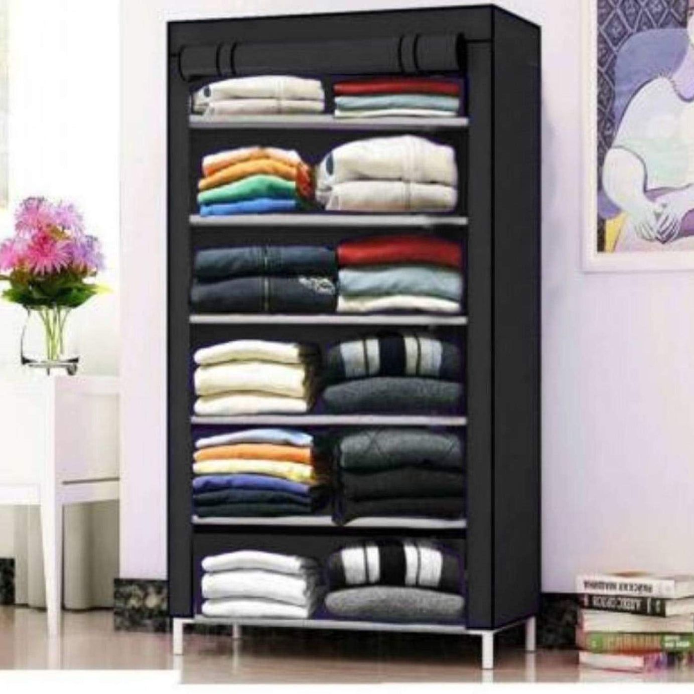 CMerchants Shop 6 Rack Collapsible Wardrobe Cabinet (Black) Metal