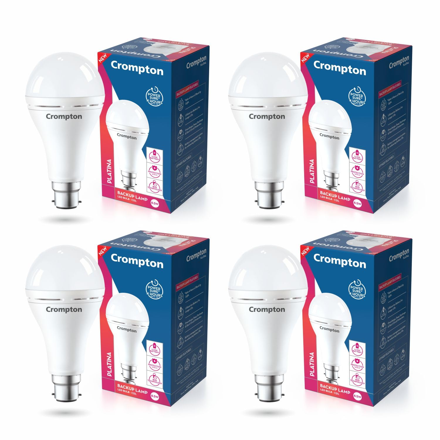 Crompton 8.5W Emergency LED Bulb | Backup Lamp | Inverter Bulb for home, with upto 4 Hours battery back up | Over charging Protection | BMS Technology | Cool Day Light (6500K) | Pack of 4