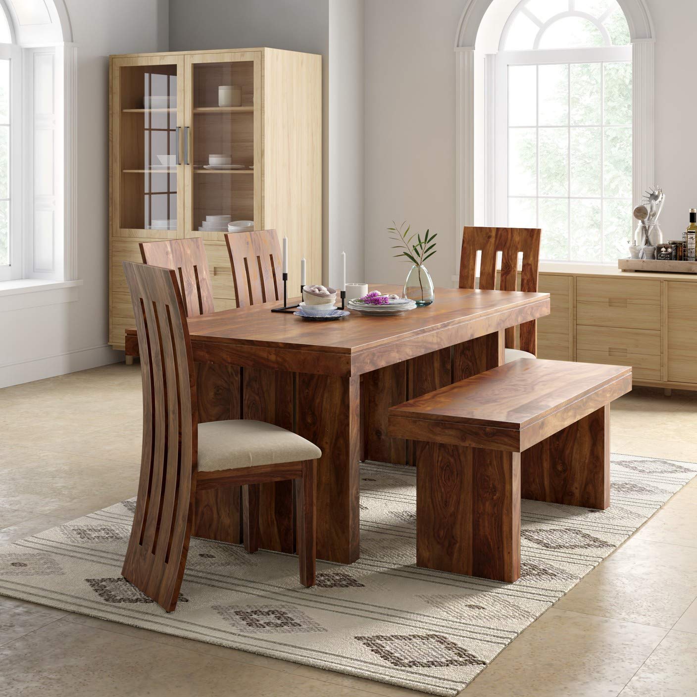 ROUNDHILL Solid Sheesham Wood Dining Table 6 Seater with Chair Set | Wooden 6 Seater Dining Table with 4 Chairs and 1 Bench | Dining Table Sets | Dining Room Sets Furniture (Honey Finish)