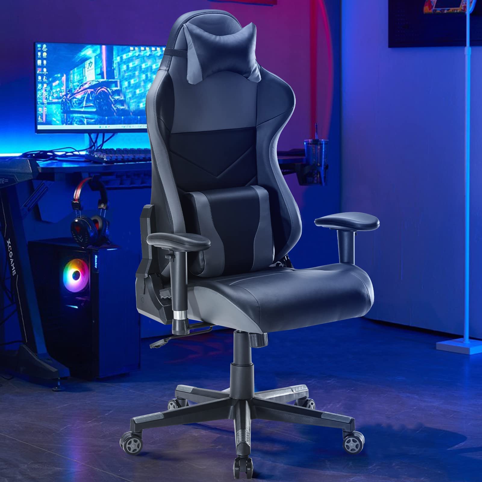 Sunon Gaming Chair Ergonomic Video Game Chair High Back Office Computer Chair Racing Style with Headrest and Lumbar Support (Black & Grey, Leather)